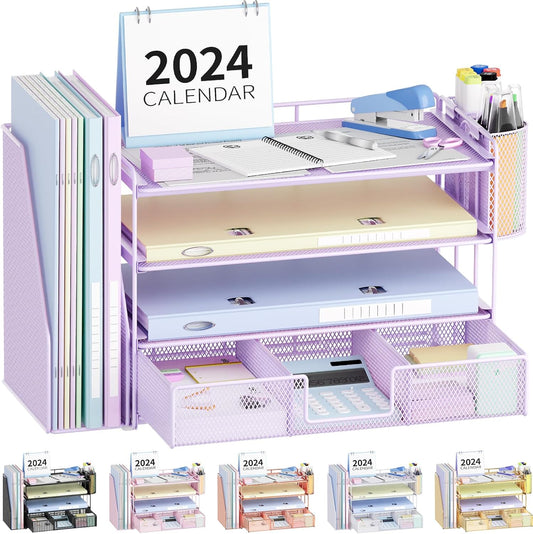 Desk Organizer and Accessories, 4-Tier Desktop File Organizer with Drawer and 2 Pen Holders, Office Desk Accessories for Office Supplies(Purple)