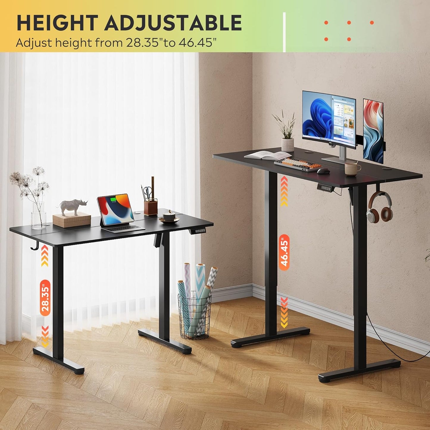 DEVAISE 48 Inch Electric Standing Desk, 3 Adjustable Height Stand up Desk for Home Office, Ergonomic Sit to Stand Desk with LED Touchscreen, Headphone Hook, 3 Memory Preset Computer Desk (Black)