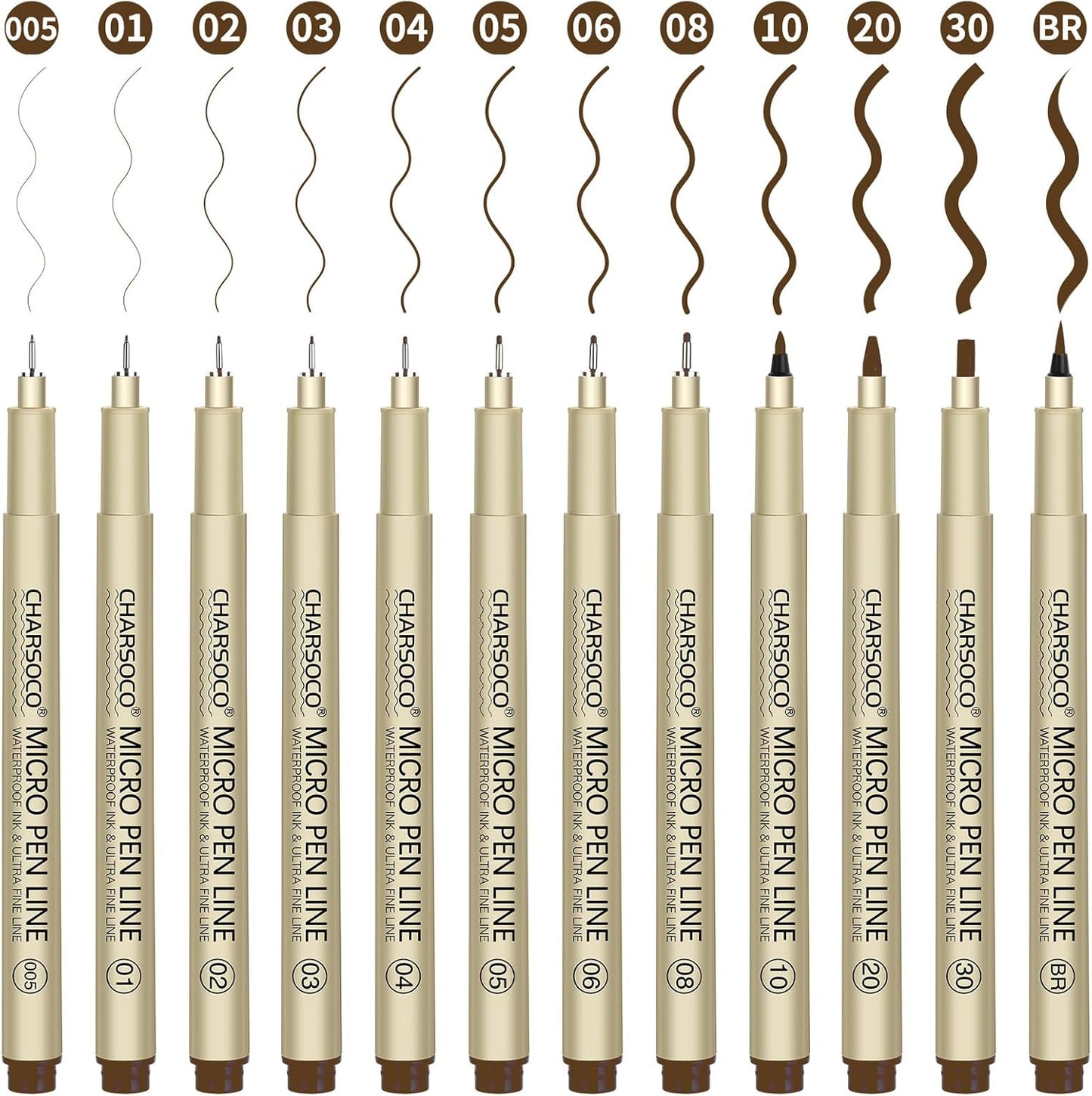 Brown Micro Pens, 12 Sizes in 0.23mm - 5mm, Waterproof Archival Ink, Fine Point Pen for Artist Illustration, Sketching, Anime, Manga and Technical Drawing