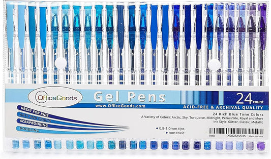 OfficeGoods Blue Gel Pens with Refills – Colored Adults Coloring Art – Medium 0.8-1.0mm Tips – Non-Toxic Gel Pens Set – Quick Dry Smudge-Free 24 Pack Colors
