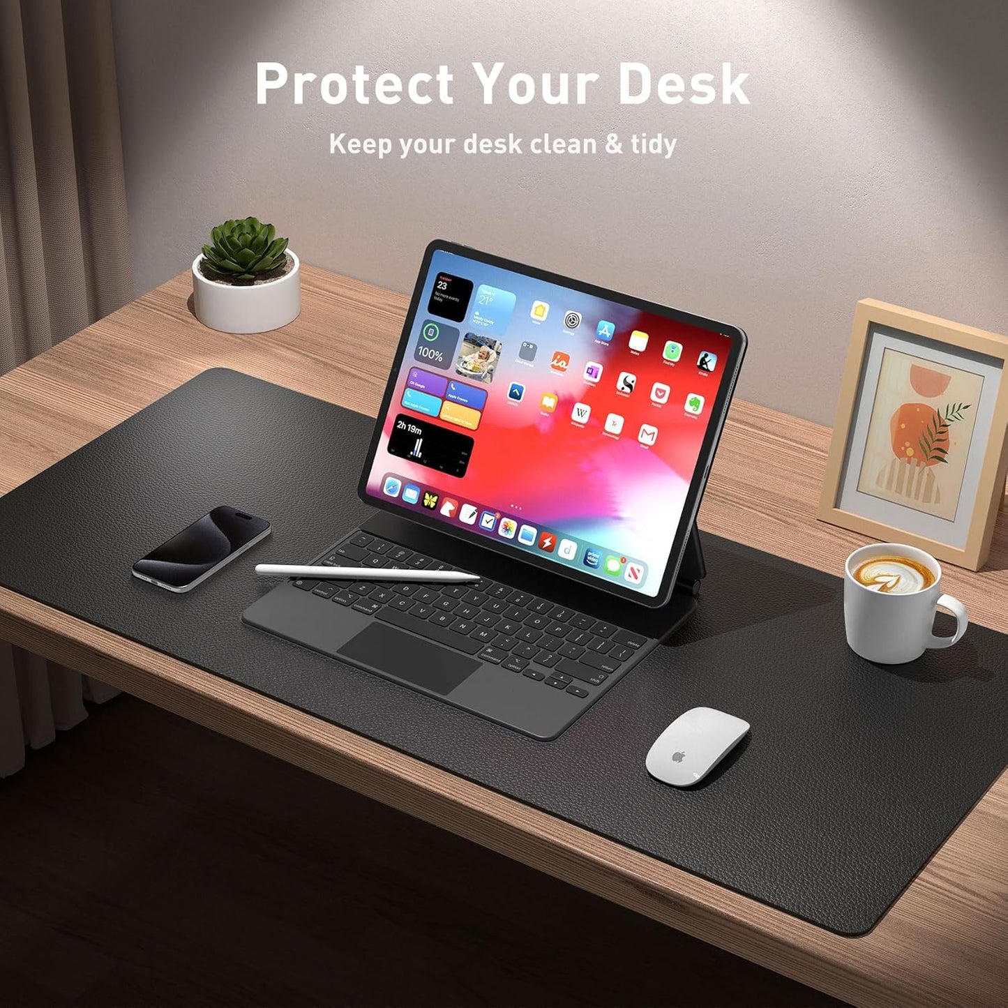 Aothia Leather Desk Pad Protector, Mouse Pad, Office Desk Mat, Non-Slip PU Leather Desk Blotter, Laptop Desk Pad, Waterproof Desk Writing Pad for Office and Home (Black,23.6" x 13.7")