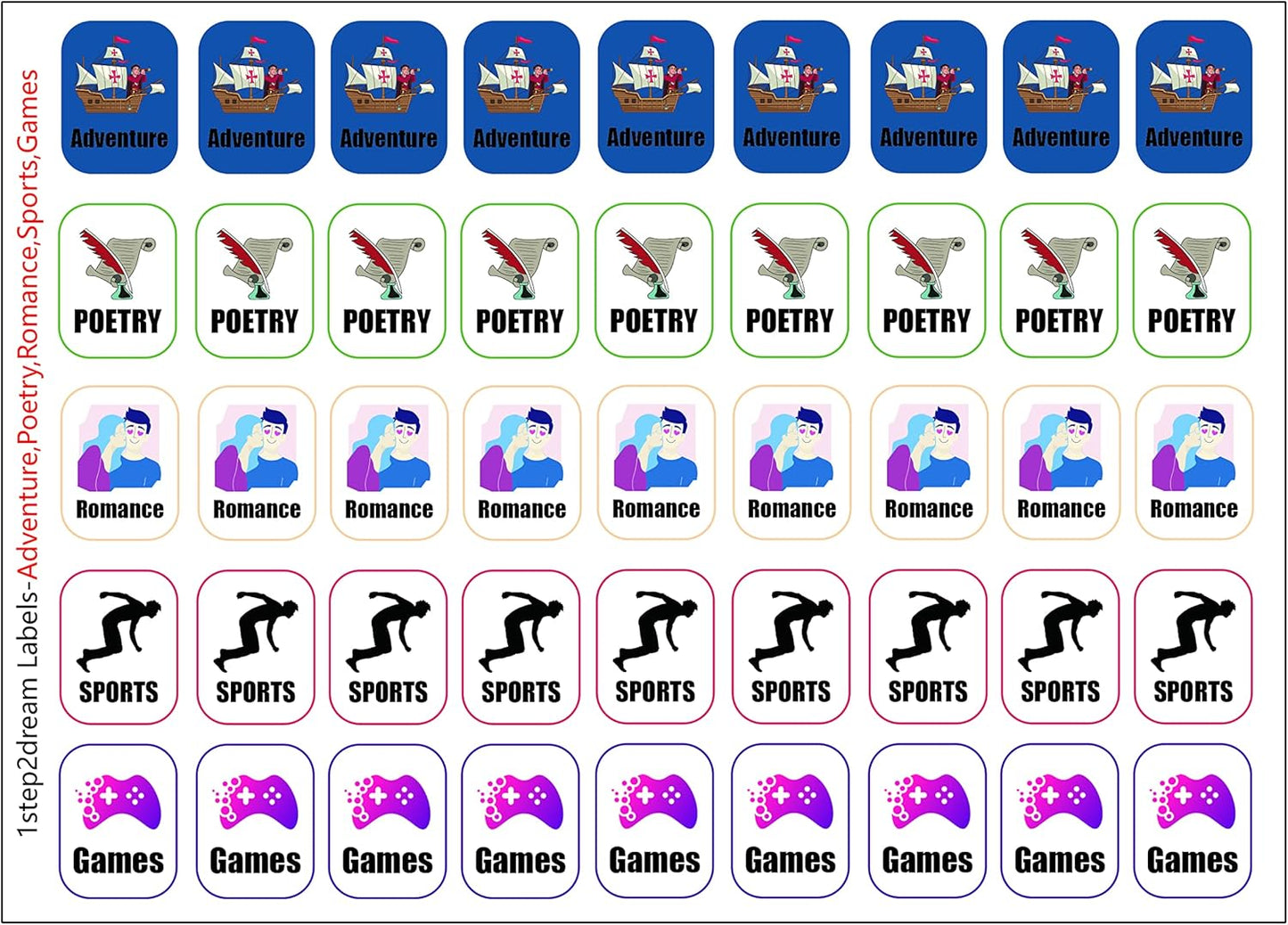 Genre Book Spine Labels for Library | Classroom Library Classification Stickers 450pcs | Adventure,Poetry,Romance,Sports,Games