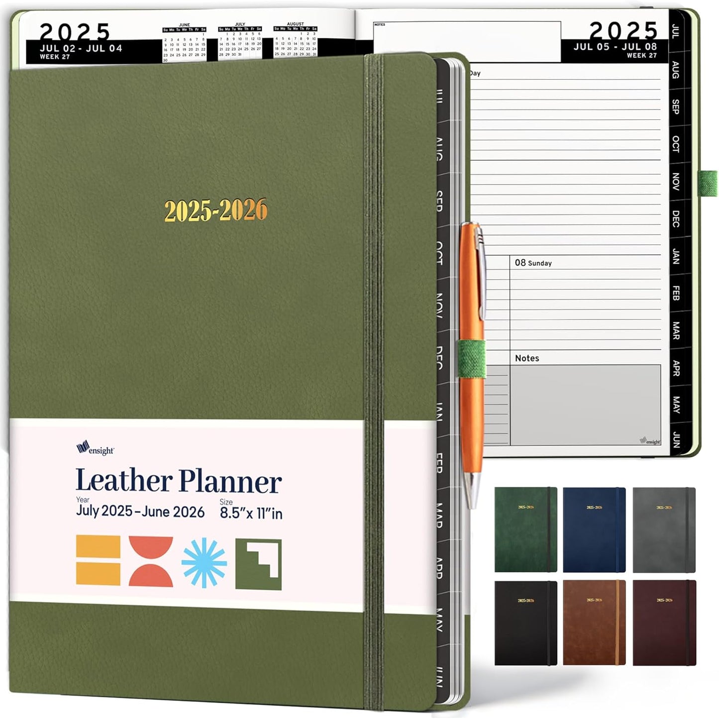 Ensight 2025-2026 HARDCOVER Leather Planner Weekly & Monthly - 8.5x11 Inches - Academic Planner Business Personal or Student - Pen Holder, Thick Paper, July 2025 - June 2026 (Olive Green)