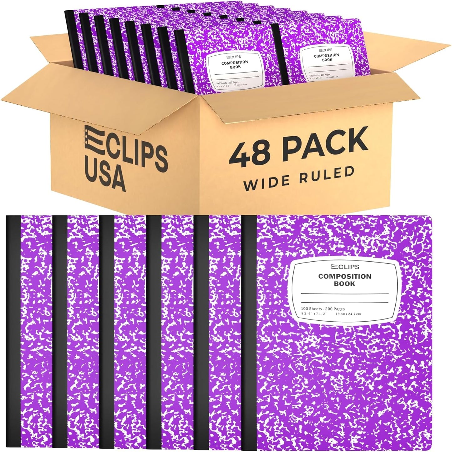 E-CLIPS USA Composition Notebooks, (48 Pack), Wide Ruled Composition Notebook, Marble Composition Notebook, 100 sheets, 200 Pages (48, Purple)