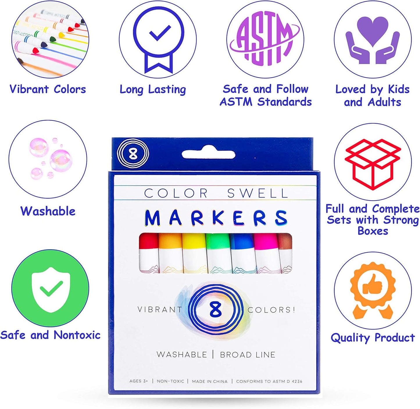 Color Swell Washable Markers 2 Pack of 8 Vibrant Colors Each for Teachers, Kids, Classrooms, Families, All Ages