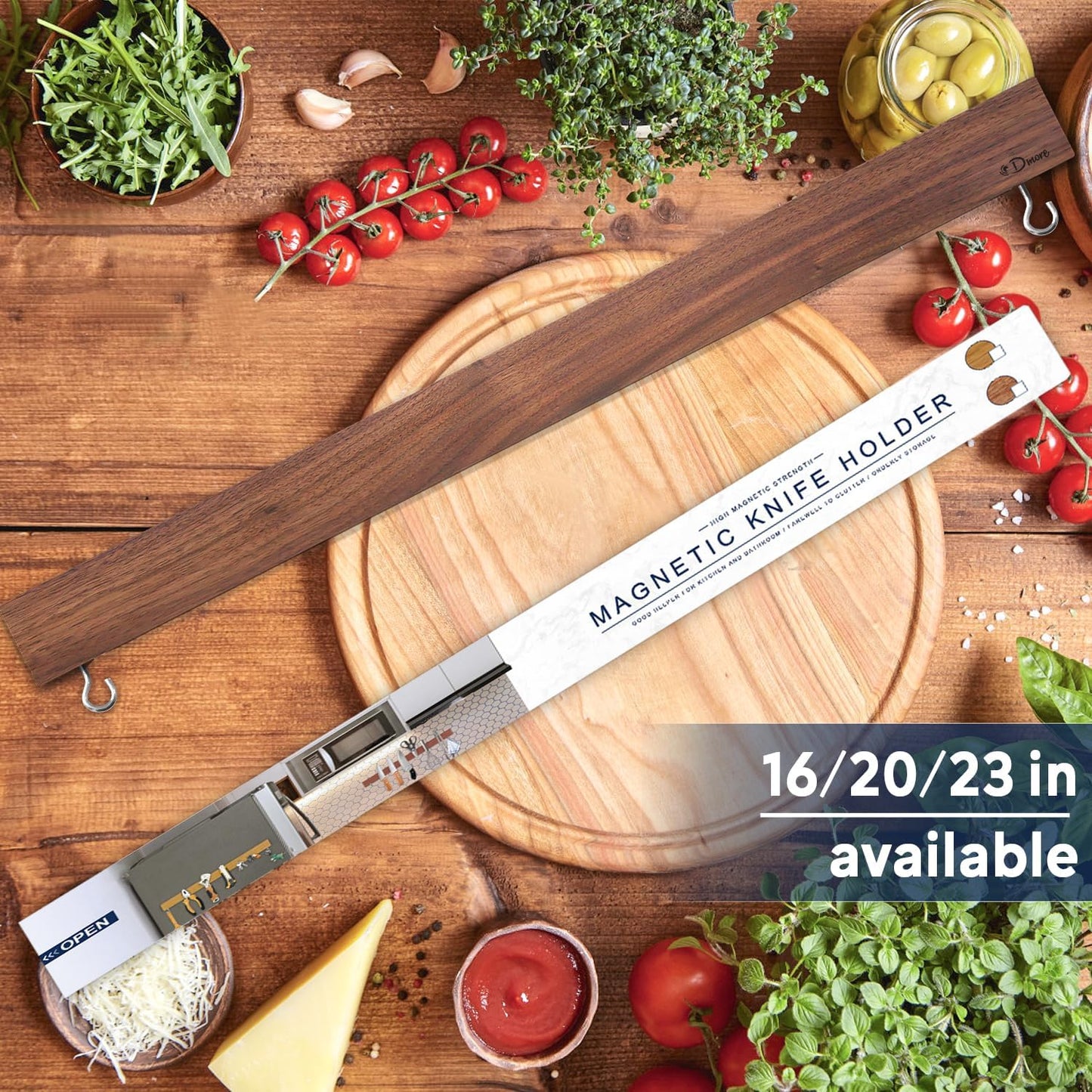 Dmore magnetic knife holder for wall—with 2 hooks, No Drilling 20 Inch walnut knife magnetic strip, Powerful knife magnet rack, include Adhesive Tape and screws for Knives, Utensils, and Tools