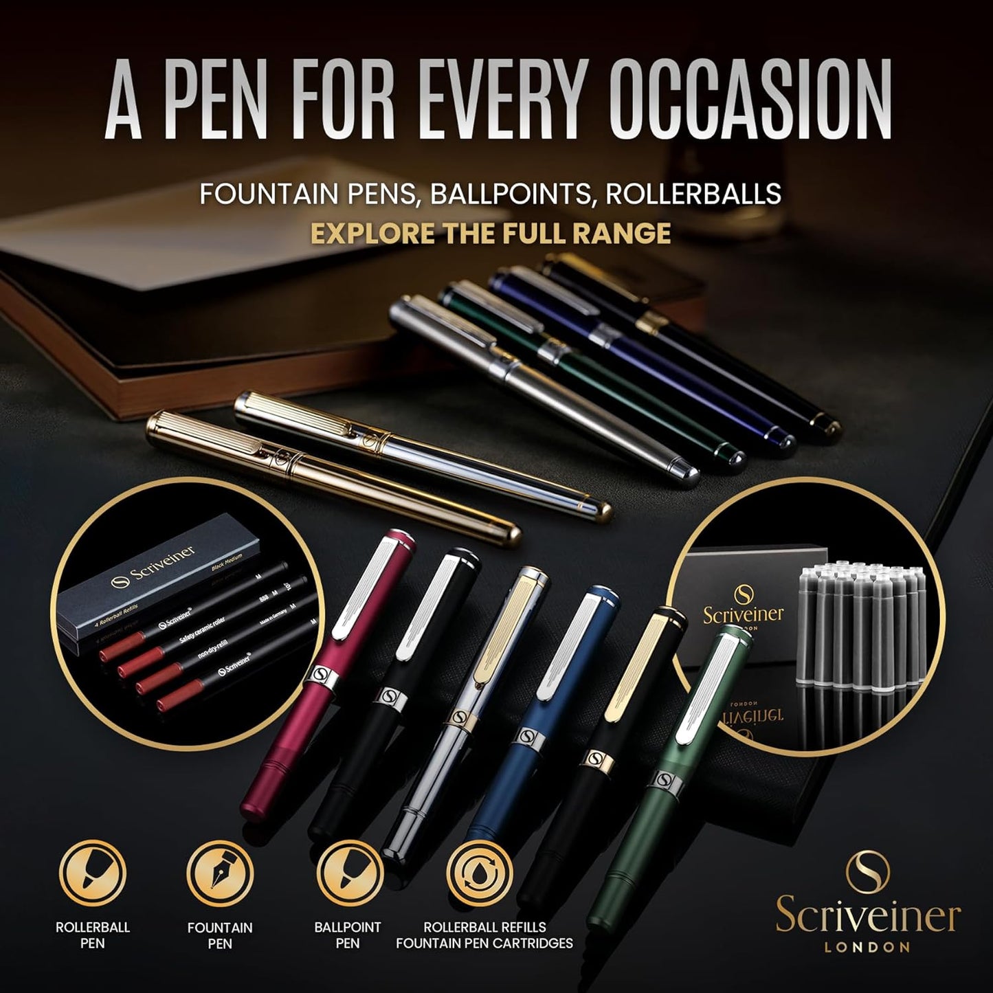 Scriveiner Personalized Midnight Blue Pen - Stunning Blue Lacquer Luxury Pen, Chrome Finish, Schmidt Ink Refill, Best Engraved Roller Ball Gift Set for Men & Women, Custom Name Engraving