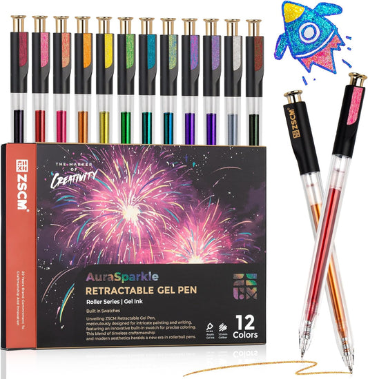 Retractable Super Glitter Gel Pens, 12 Colors Large Capacity Metallic Sparkle Gel Ink Pens, 1 mm Fine Point Smooth Writing Color Pen for Adult Coloring Book Note Taking Aesthetic Art Supplies