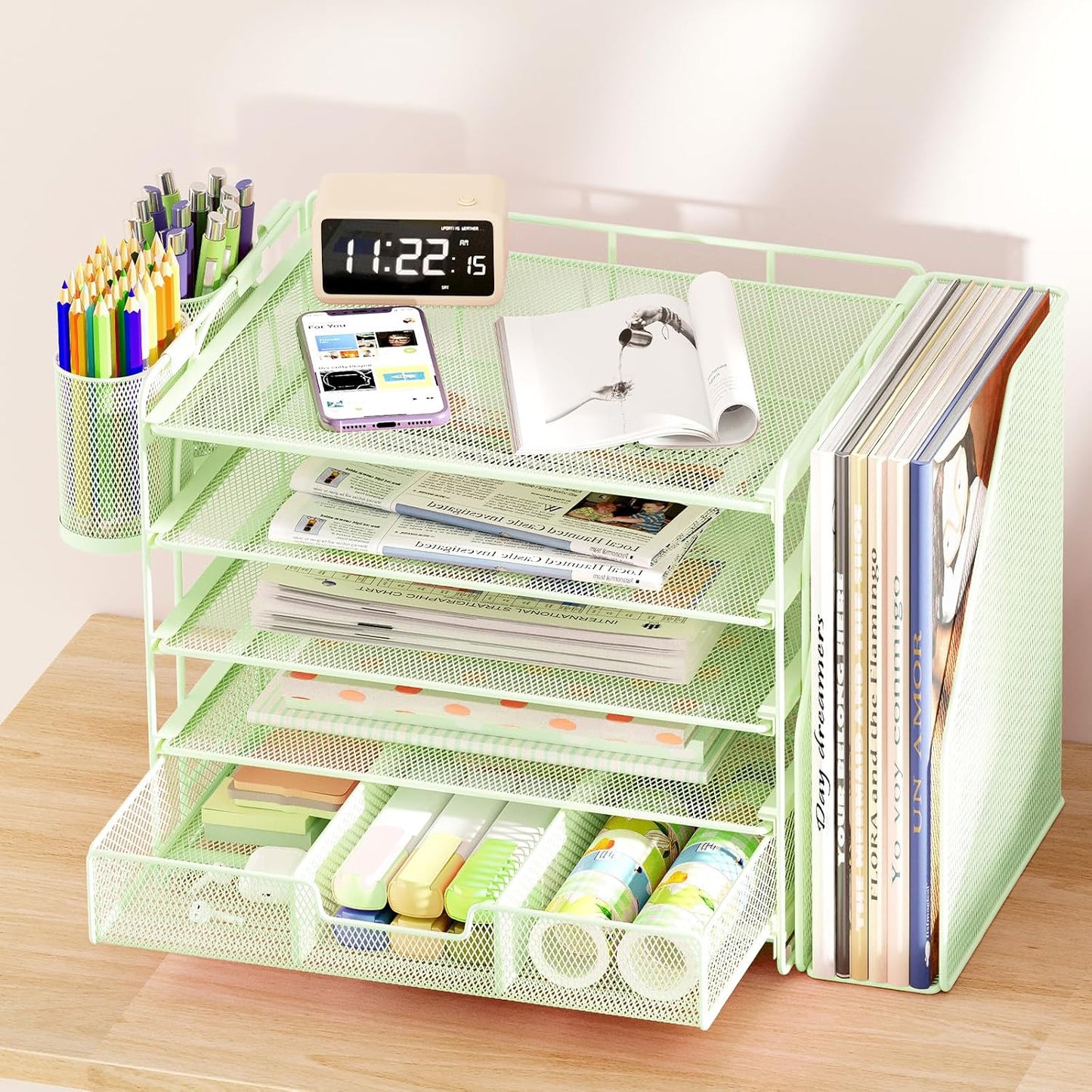 Desk Organizers and Accessories, 5-Tier Paper File Organizer with Drawer & Pen Holder, Office Desk Accessories Workspace Desktop Organizer for Office Supplies((Green)