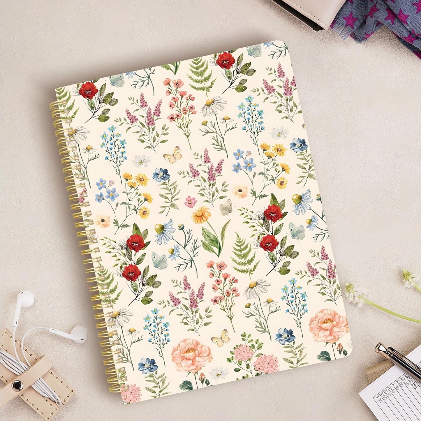 Cute Spiral Notebook journal A4 Aesthetic Pretty Design for Women Girls Kawaii with Pocket, 8.5 x 11 inch, Graph, Plant Flower