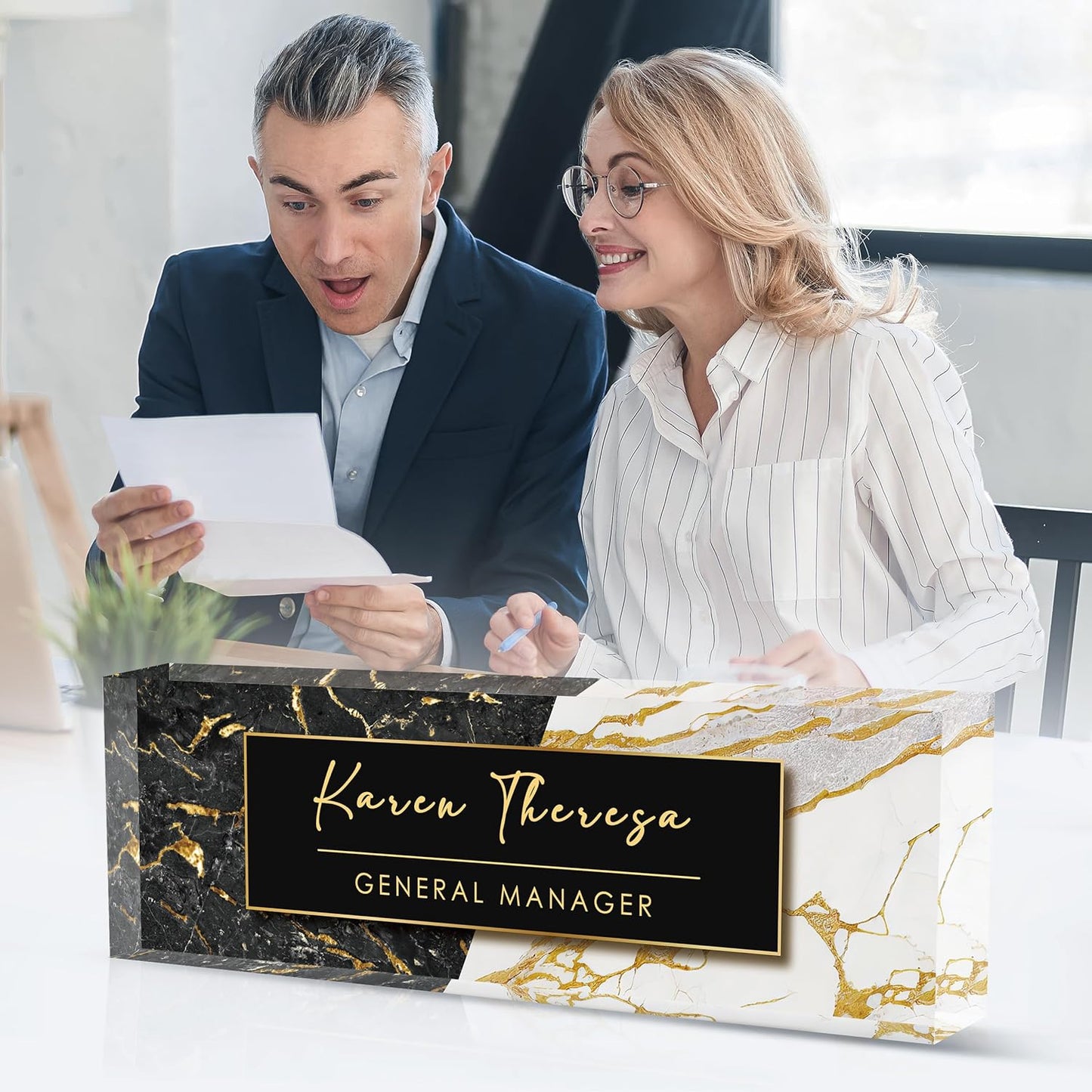 Custom Office Name Plate, Personalized Gifts for Men, Appreciation Gifts for Employee Coworkers Boss Teacher, Office Desk Accessory (Black Marble)