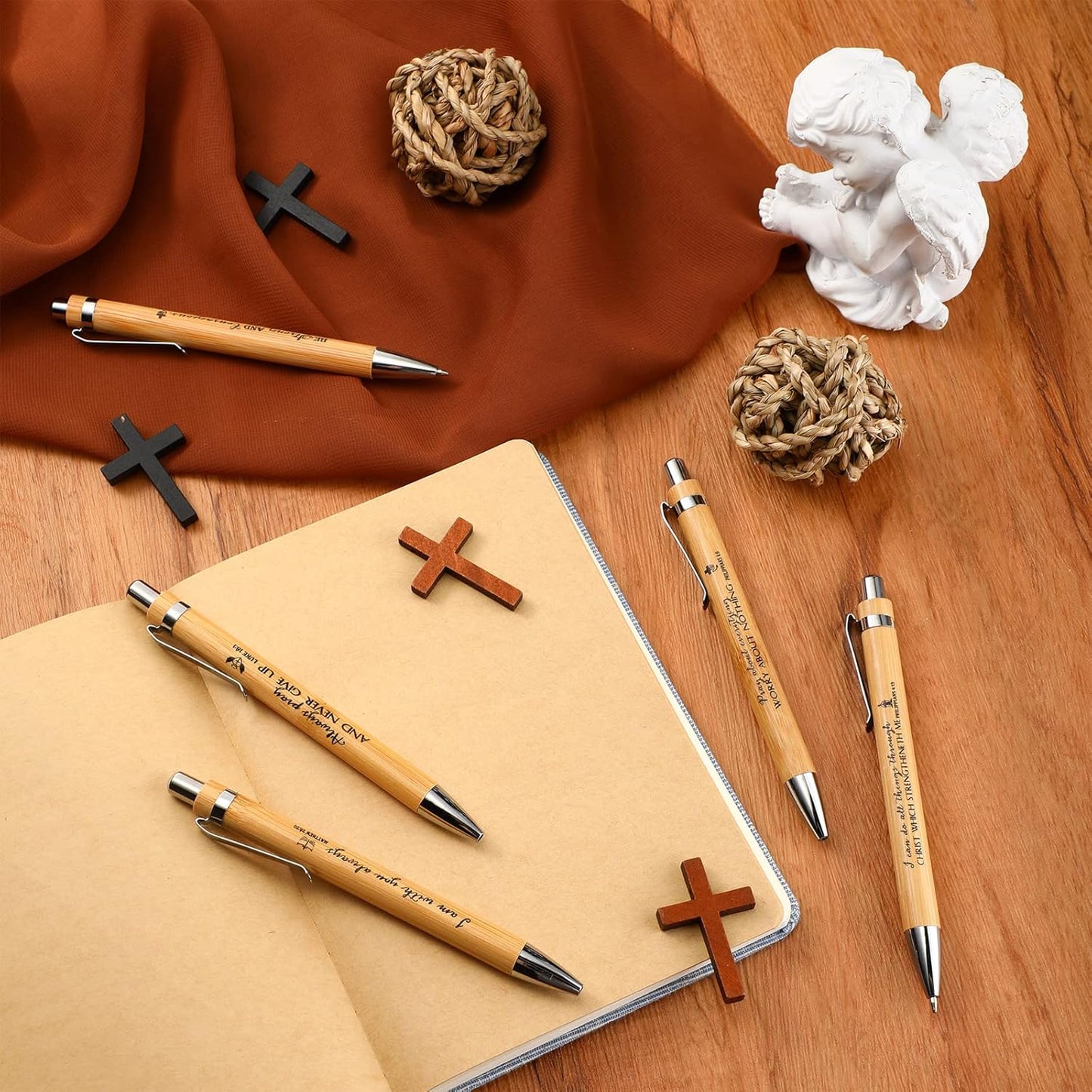 50 Pack Bible Verse Bamboo Retractable Ballpoint Pens Christian Inspirational Bible Verse Ballpoint with Black Ink Pen for Journal Writing Office Supplies Religious Gifts for Men Women(Classic Color)