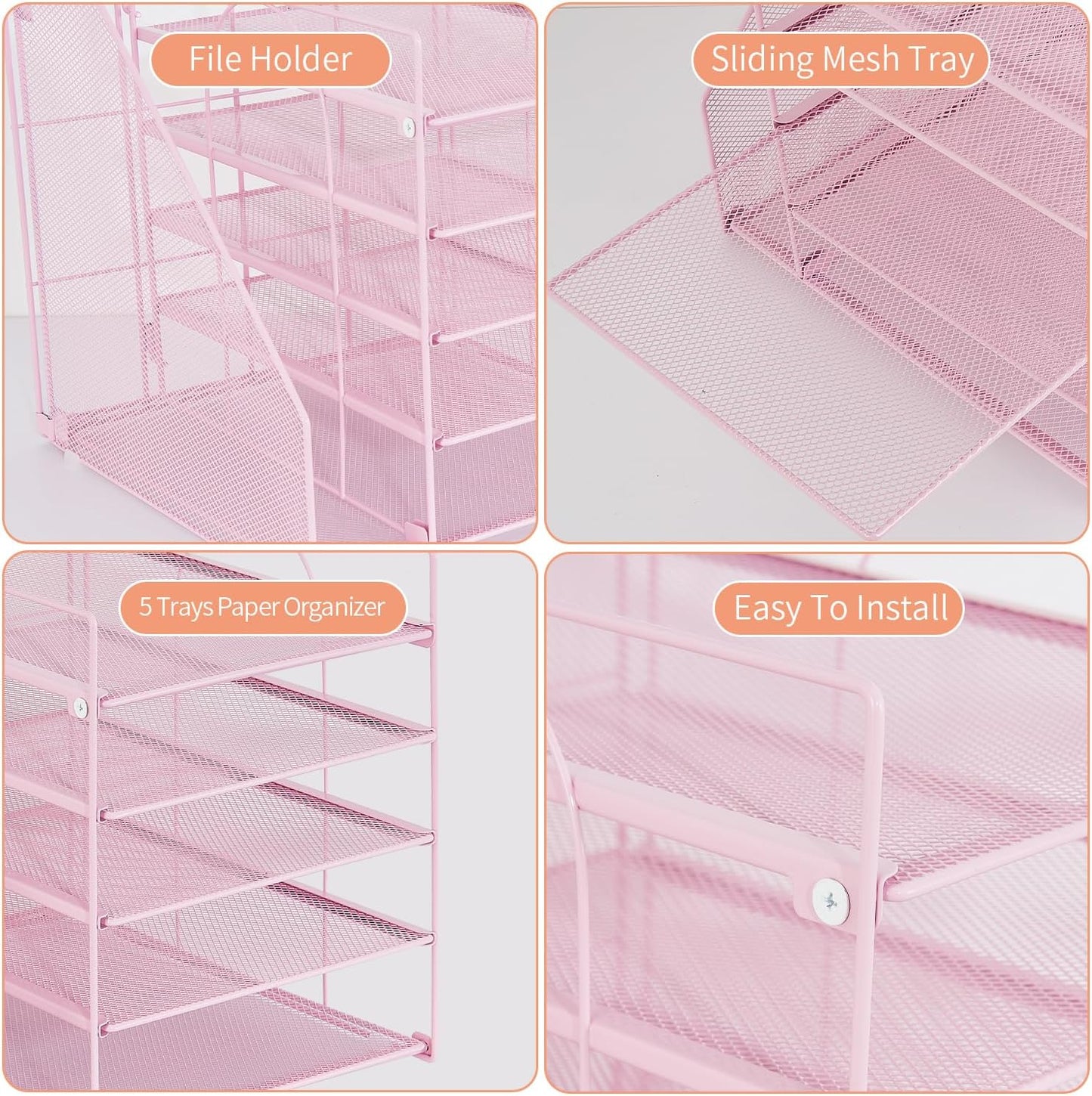 Desk Organizers and Accessories, 5-Tier Paper Letter Tray Organizer with File Holder, Pink Office Decor (Pink)