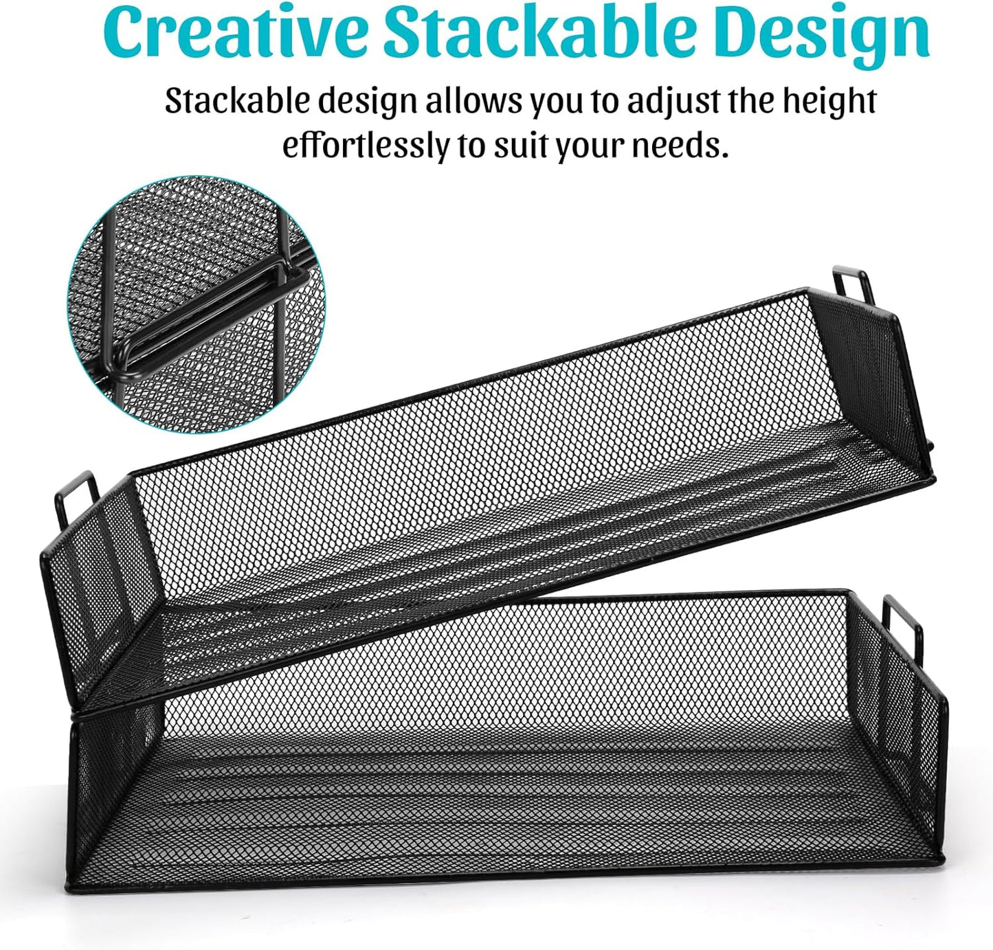 Office Drawer Organizer, 2 Tiers Stackable Paper Tray Organizer for Desk, Standing Papers File, Black Mesh/Office File Collation