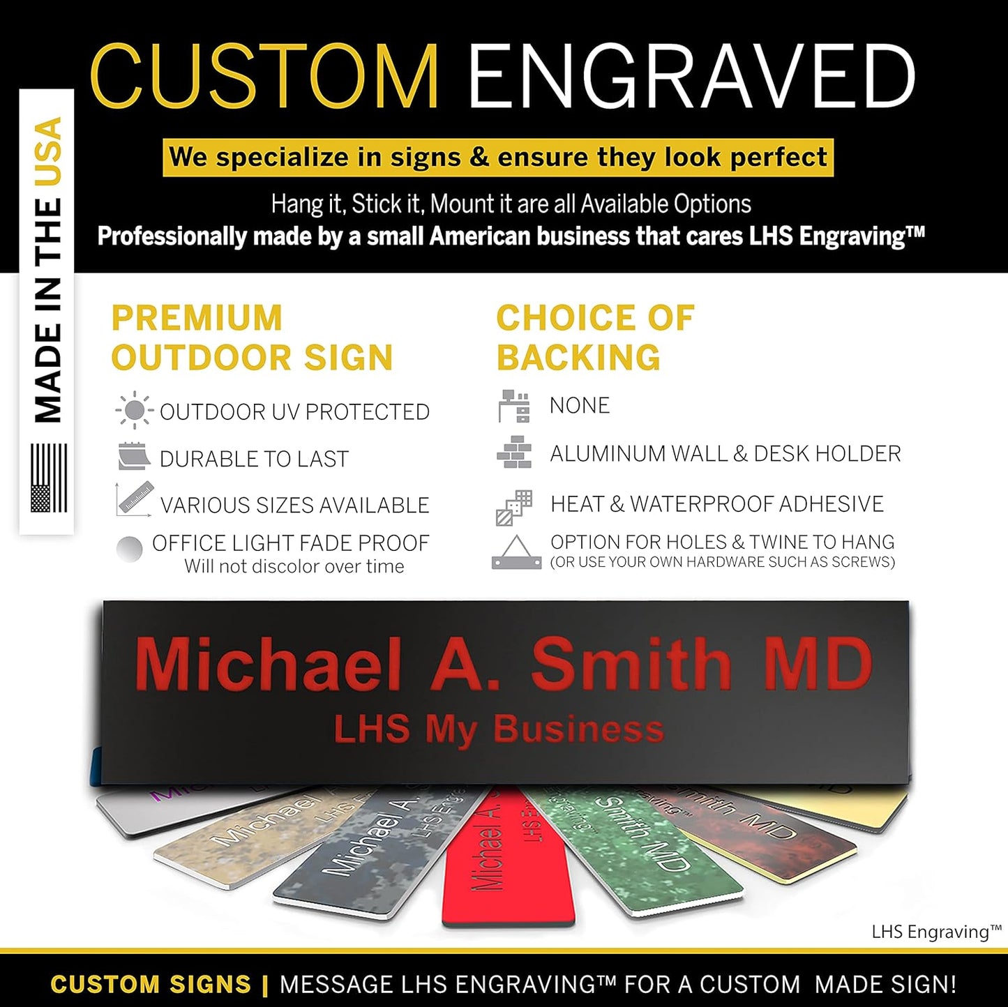 Engraved Name Plates for Door Sign Personalized Black Plastic Plaque with Red Letters - Made in USA 2x6 B19