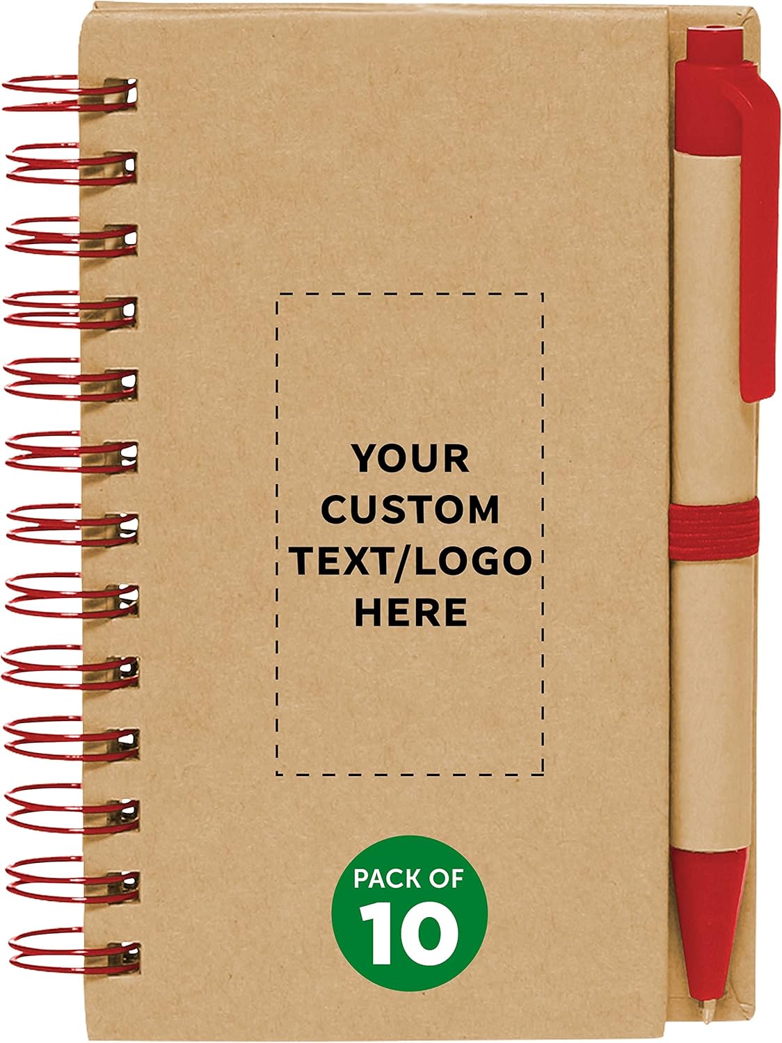Custom Mini Spiral Notebooks with Black Ink Pens Set of 10, Personalized Bulk Pack - Perfect for School, Office, Business, Home - Red