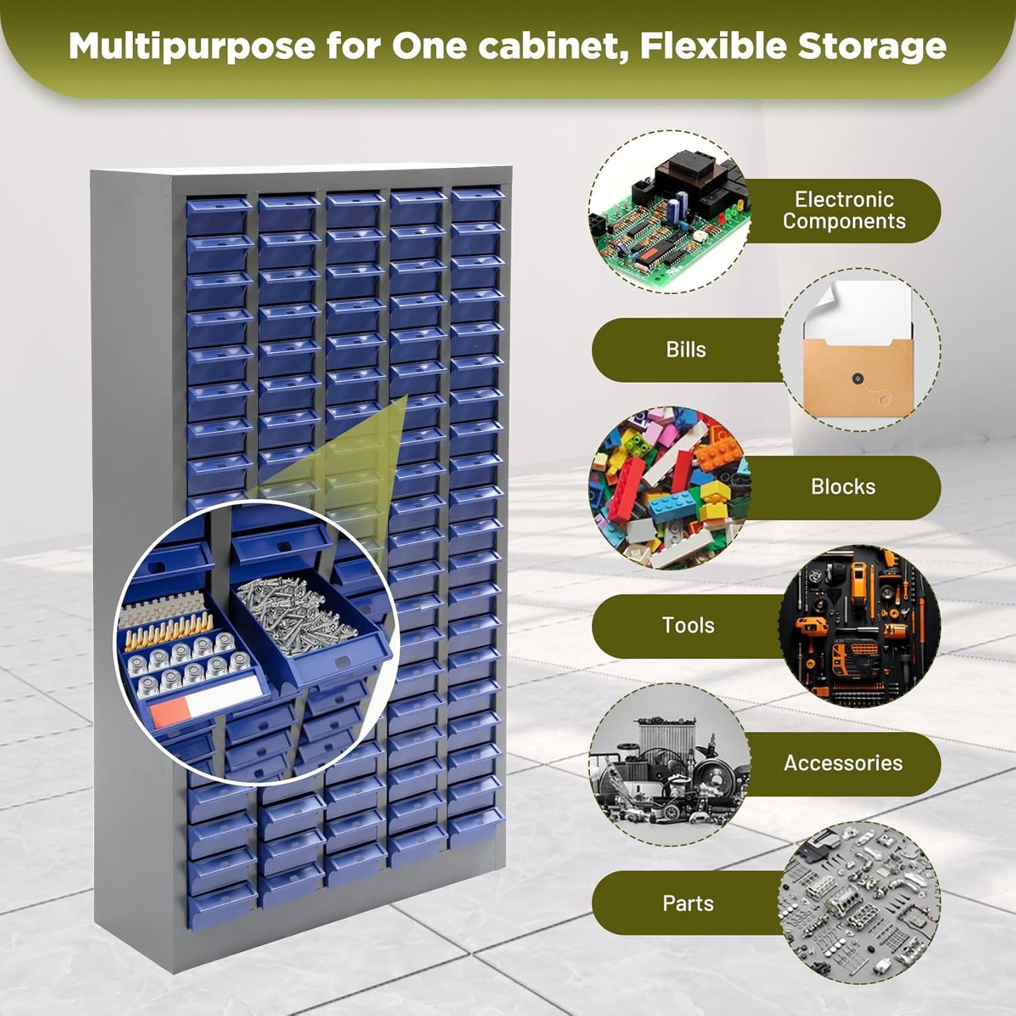 100-Drawer Parts Storage Cabinet – Multi-Purpose Organizer for Screws, Bolts, Nails, Craft Supplies, Legos, Makeup & Tools – Compact Plastic Drawer Unit for Garage, Workshop, Classroom & Home