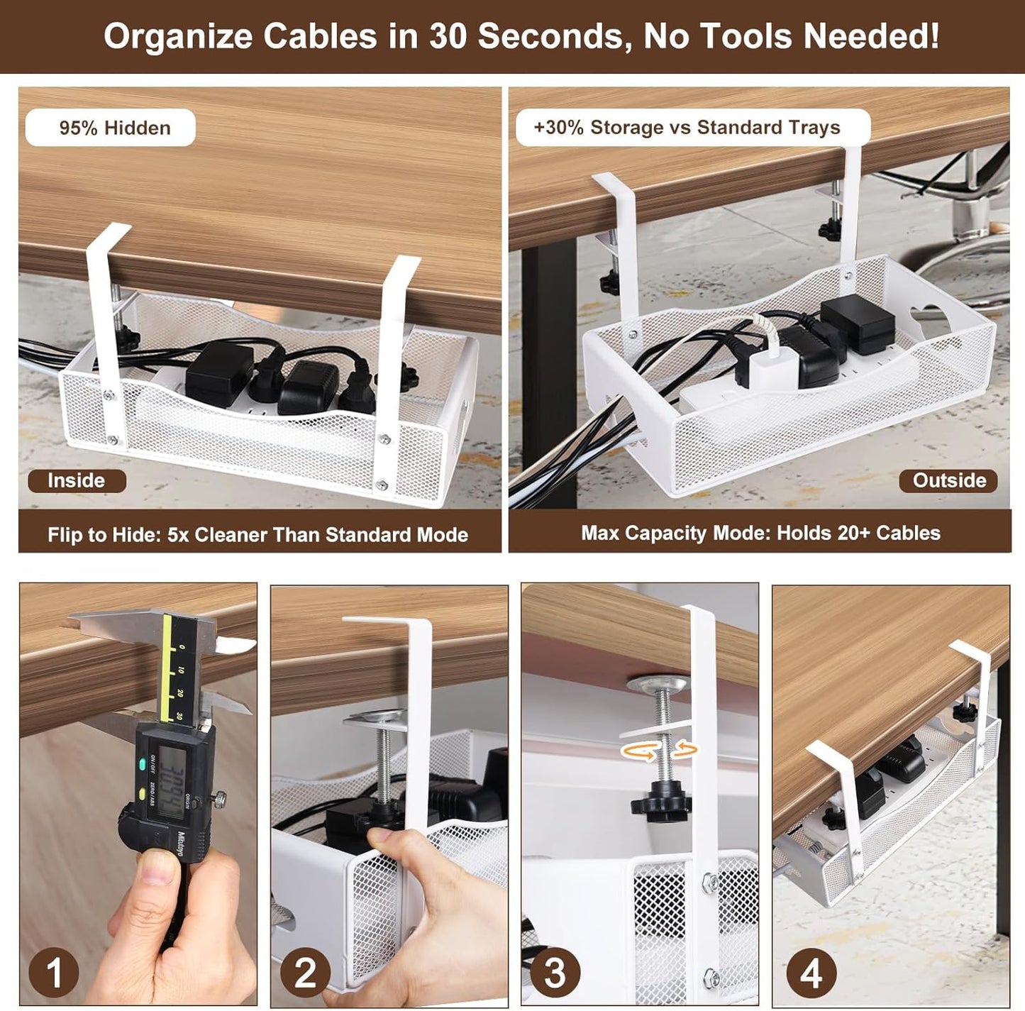 Extra Wide Under Desk Cable Management - No Drill Installation Cable Management Tray, Modern Cord Organizer for Office/Home Desk, Fits Power Strips & Wires