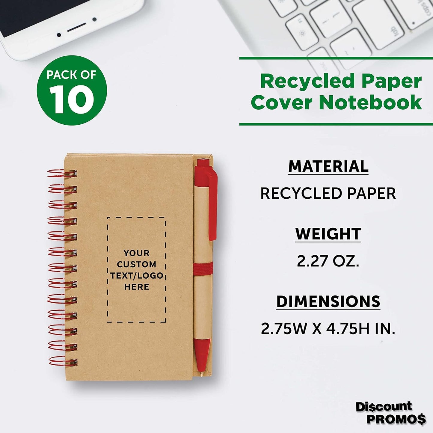 Custom Mini Spiral Notebooks with Black Ink Pens Set of 10, Personalized Bulk Pack - Perfect for School, Office, Business, Home - Red