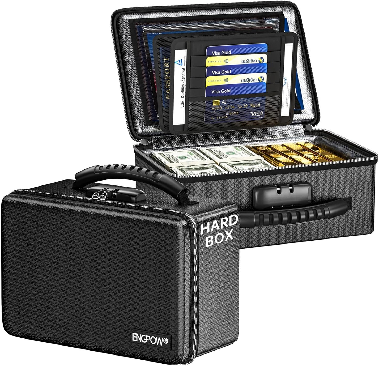 ENGPOW Fireproof Money Box, Small Hard Case Fireproof Box with Fireproof Zipper ＆ Lock, 6400°F Heat Insulated Fireproof Water Resistant Safe Box for Cash, A5 Document, Passport and More, Black