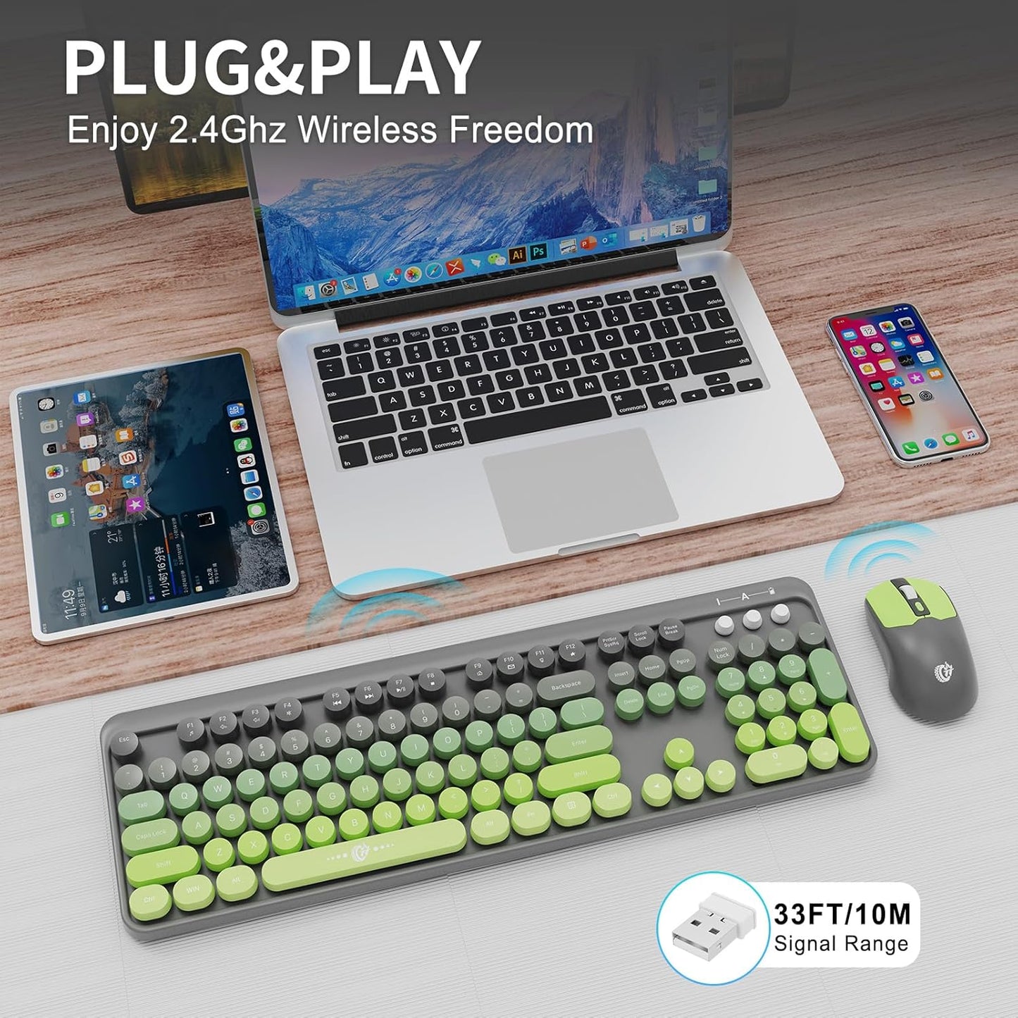 FOPETT Wireless Keyboard and Mouse Combo - 2.4G Full-Sized Cute Colorful Mouse and Keyboard with 104 Round Keys Retro Typewriter Keyboard for Laptop/Windows/PC - Green Gradient