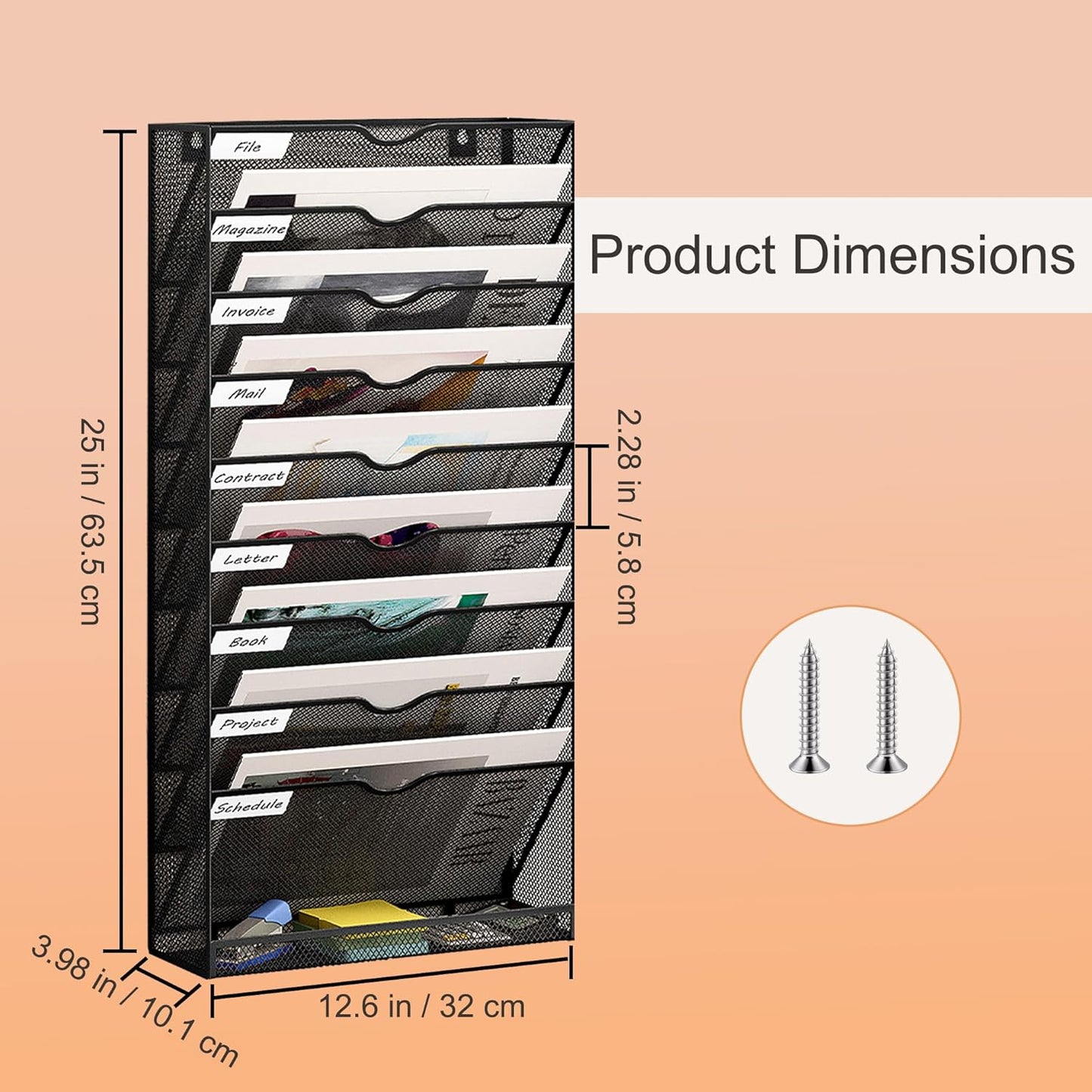 10 Tier Hanging Wall File Holder, Metal A4 Wall Mounted Document Holder, Vertical Hanging Mail Organizer, Magazine Storage Rack With Tray For Office Home Classroom, Black