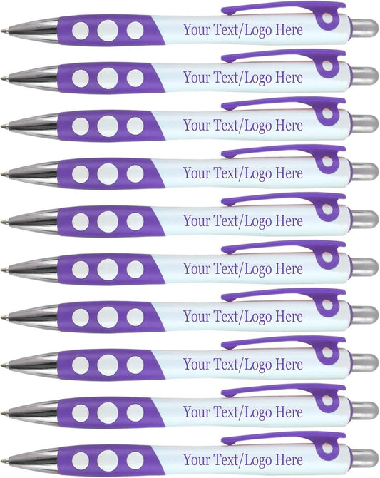 Personalized Ballpoint Pens With Custom Logo/ Text-350 Pack Bulk-for Businesses, Parties, & Events, Custom Printed, White Barrel with Matching Colored Clip and Grip, Click Pens, Black Ink, Purple