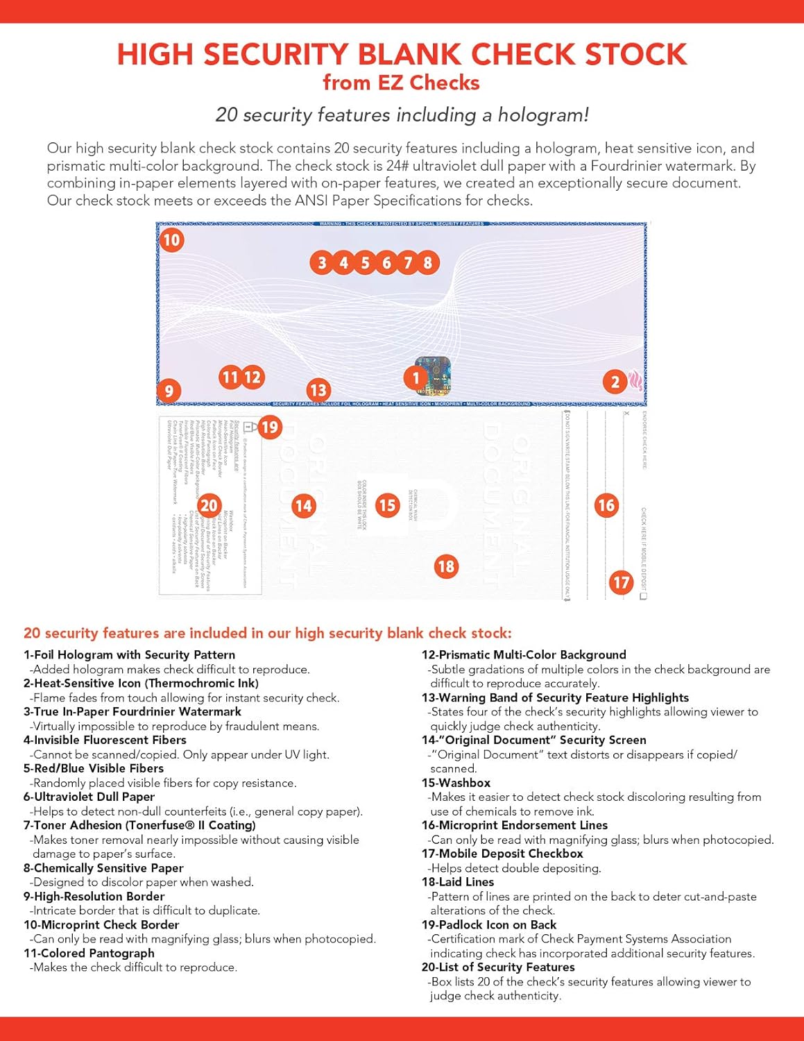 EZ Checks Premium High Security Check Paper with Hologram | 500 Sheets (Green/Yellow, Check at Top)