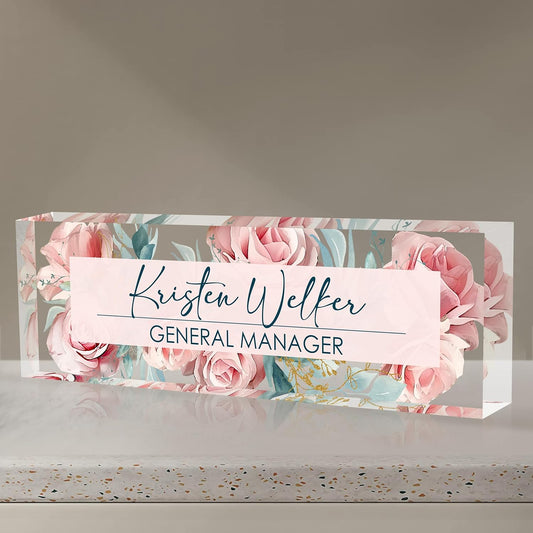 Custom Name Plate for Desk | Personalized Desk Name Plate | Personalized Boss Employee Appreciation Gifts | Acrylic Name Plate Office Desk Accessories (C-Pink Rose)