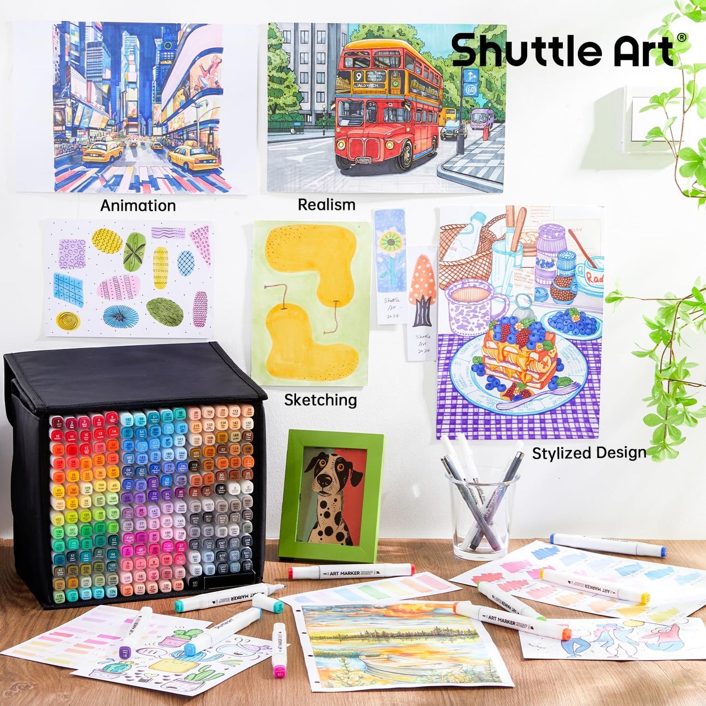 Shuttle Art 206 Colors Alcohol Markers, 204 Colors Dual Tip Art Marker Set Plus 2 Colorless Blender, Micro-tip Pens, White Highlighter Pens, Marker Bag Perfect for Students Adults Coloring