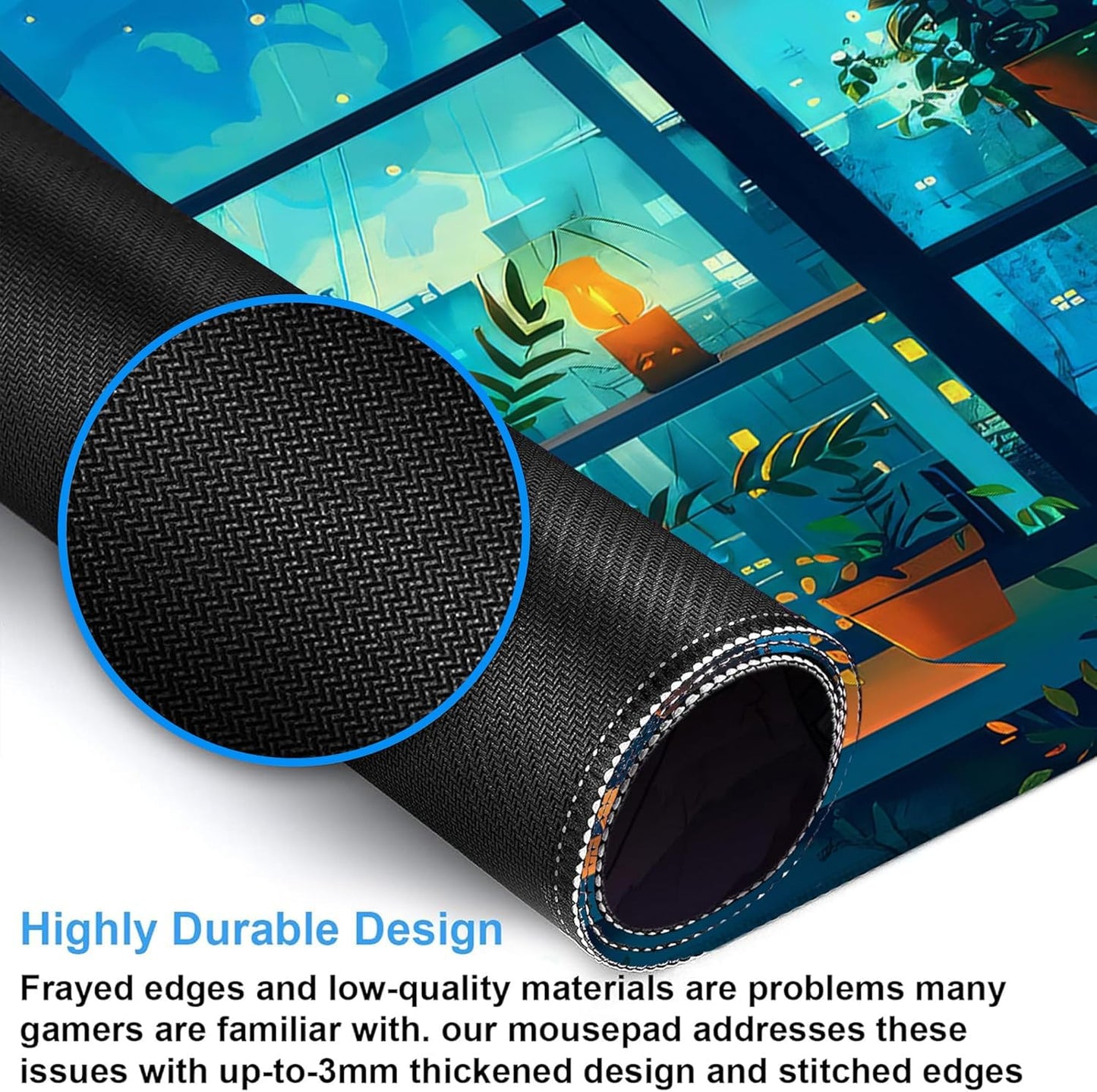 Desk Mat, Cute Lofi Anime Black Cat Green Plants Large Gaming Mouse Pad with Non-Slip Base Stitched Edges,Desk pad for Keyboard and Mouse Home Office 35.4"x15.7"