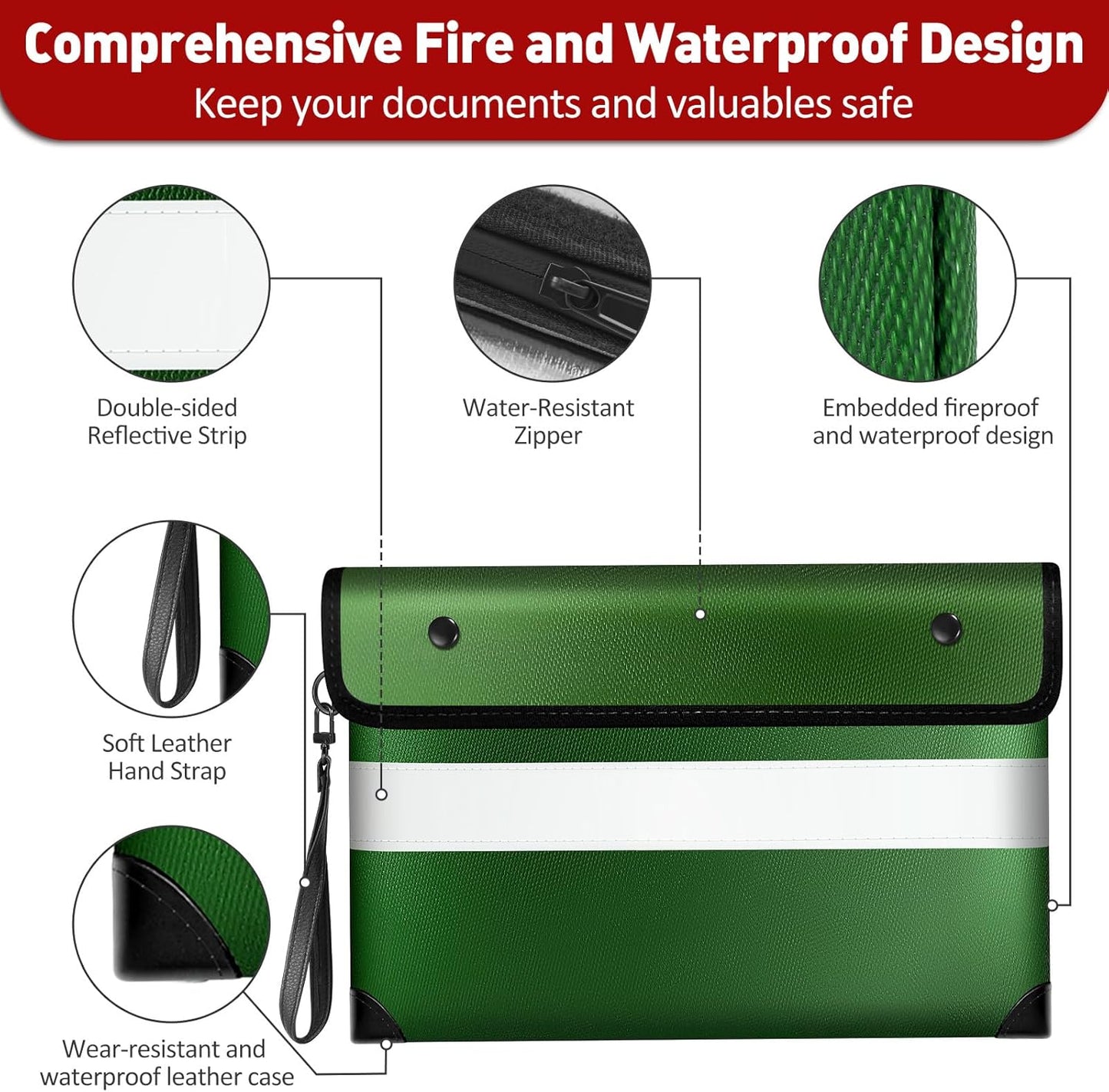 Vailoin Fireproof Money Bag for Cash, 6200℉ Insulated Fire and Waterproof Document Pouch with Water Resistant Zipper,Fireproof Envelopes for Important Documents, Valuables (11"x7.7",Green)