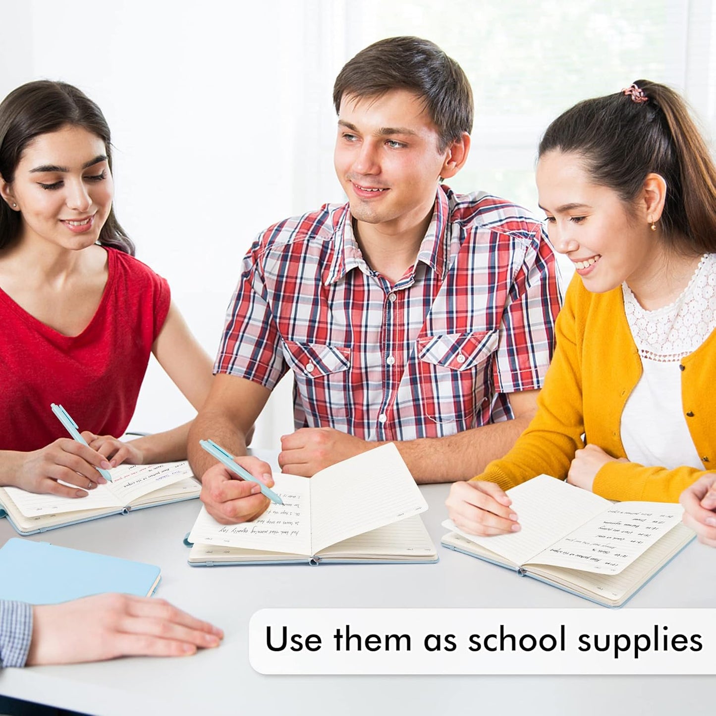 feela 8 Pack Notebooks Journals Bulk, Hardcover Notebook Classic Ruled Lined Journals with Pen Holder for Women Girls School Business Supplies, with 8 Black Pens, 120 GSM, 5.1”x8.3”, A5, Light Blue