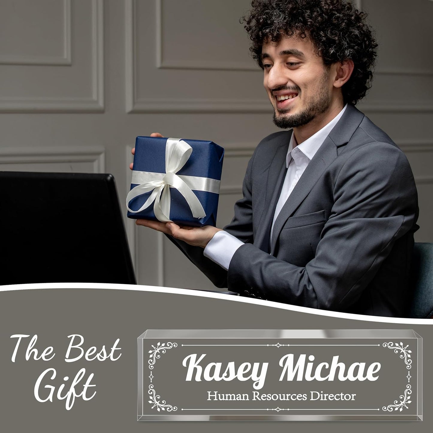 Personalized Name Plate for Desk - Custom Engraved Name Plates for Man - Boss Day Gifts for Boss - Acrylic Office Decor Appreciation Gifts for Teacher Nurse Coworker Social Worker (White Flower)