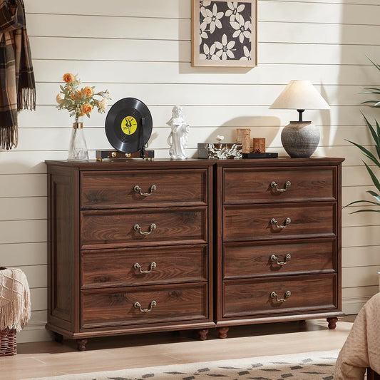 Farmhouse 4 Drawer Dresser Set of 2 for Bedroom, 37" Tall Rustic Chests of Drawers w/ 4 Solid Wood Feet, Mid Century Vintage Wooden Closet Storage Dressers Organizer for Living Room, Brown