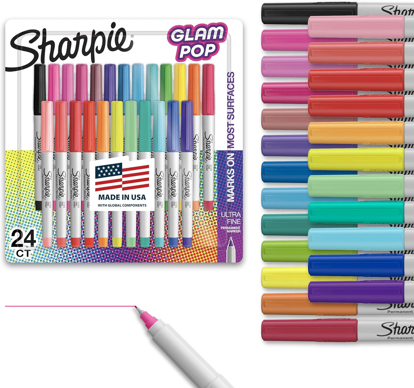 Sharpie Glam Pop Permanent Markers, Ultra Fine Tip Set, Coloring and Drawing, Resilient Ink, Assorted Colors, 24 Count