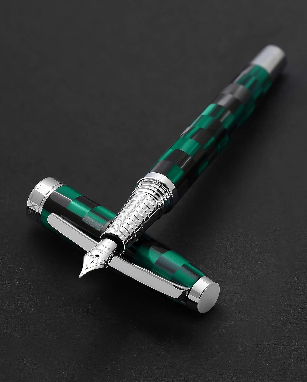 Xezo Urbanite II Fountain Pen, Fine Nib. Ocean Teal and Black Color with Chrome Plating. Handcrafted, Limited Edition, Serialized