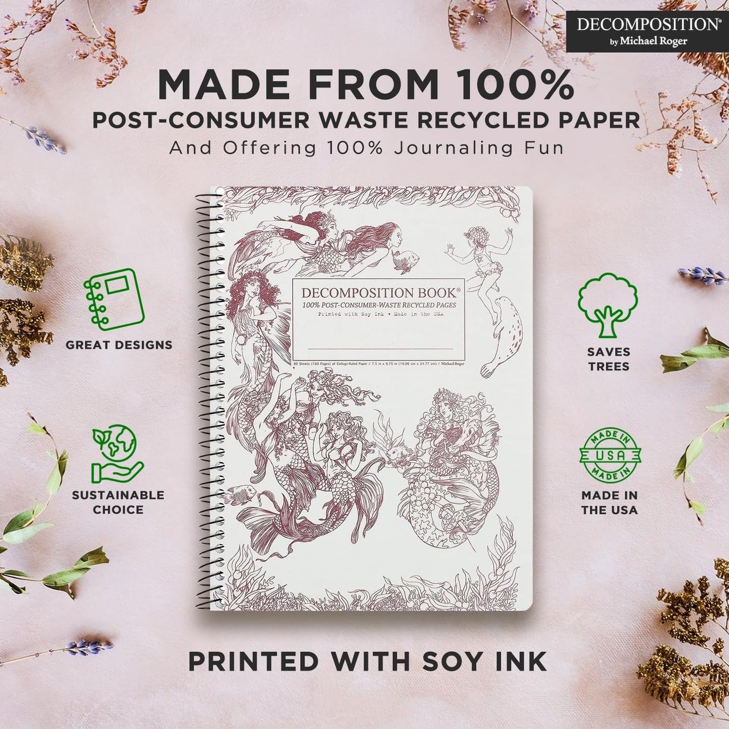 Decomposition Mermaids College Ruled Spiral Notebook - 9.75 x 7.5 Journal with 160 Lined Pages - 100% Recycled Paper - Cute Notebooks for School Supplies, Home & Office - Made in USA