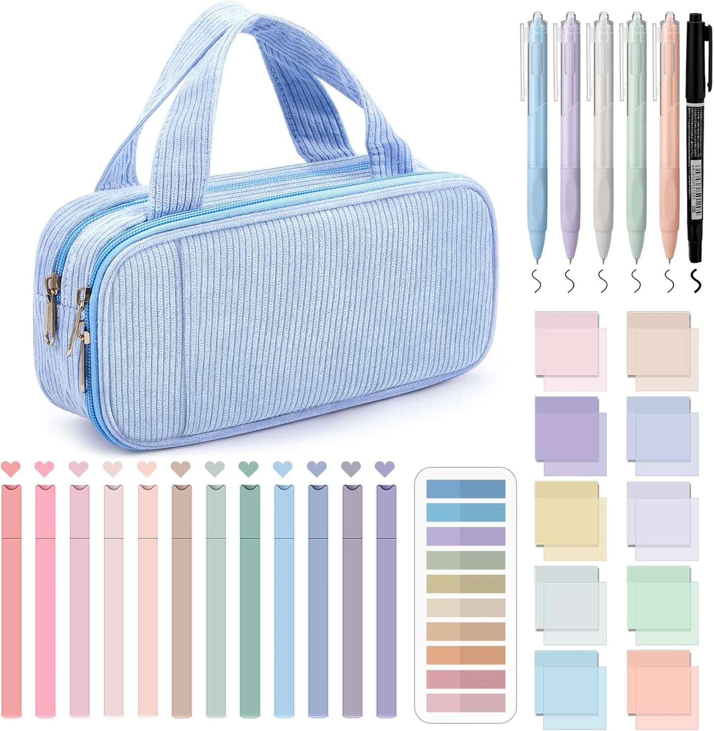 Jutom 39 Pcs Aesthetic Book Annotation Kit Highlighter with Pencil Case Bag Gel Pen Transparent Sticky Note Taking Bible Study College School Supplies(Light Blue,Classic Style)