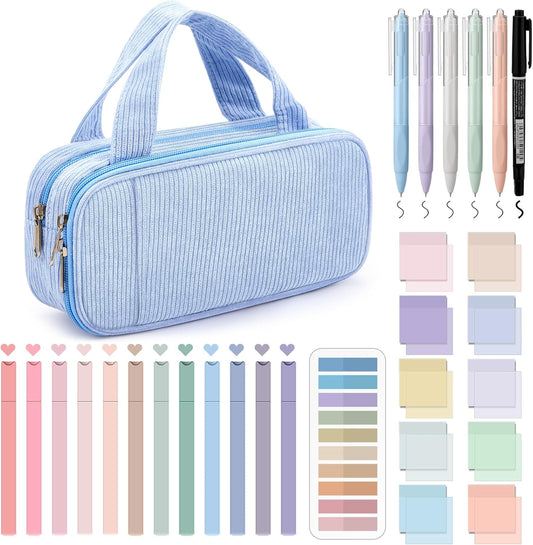 Jutom 39 Pcs Aesthetic Book Annotation Kit Highlighter with Pencil Case Bag Gel Pen Transparent Sticky Note Taking Bible Study College School Supplies(Light Blue,Classic Style)
