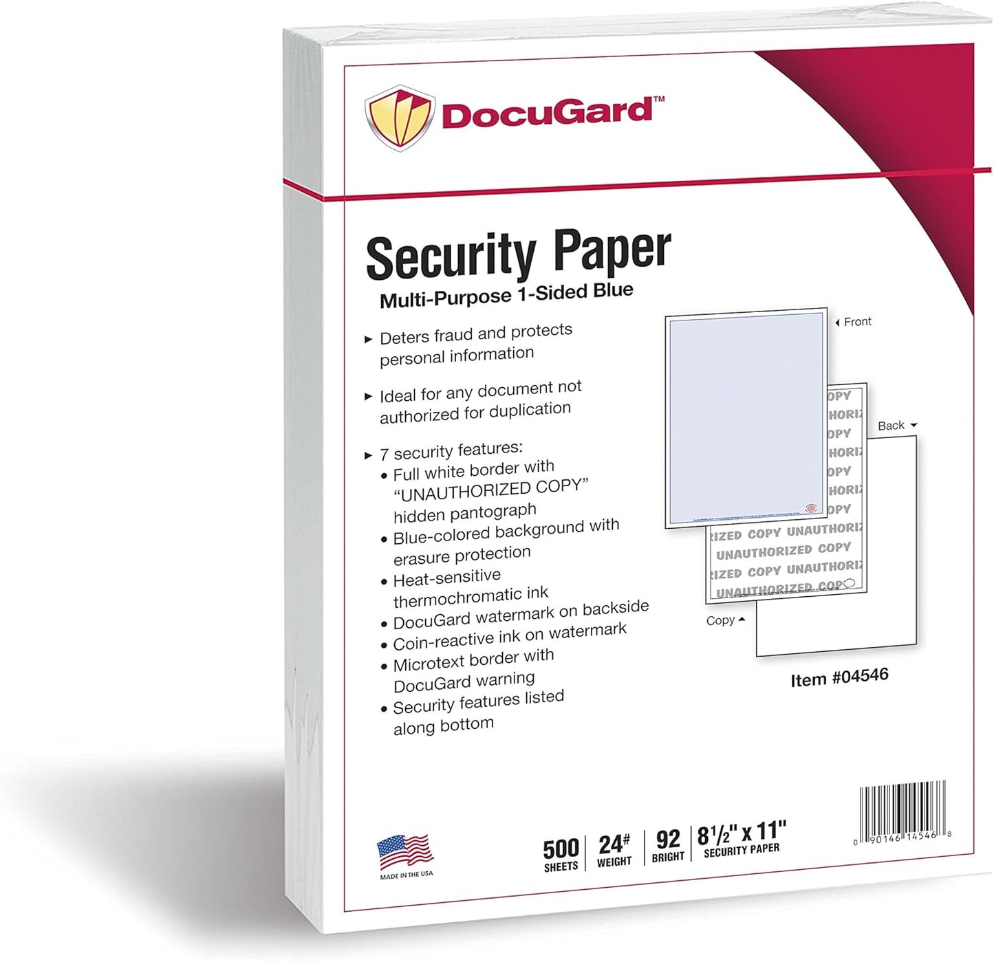 DocuGard Advanced Blue Multi-Purpose Security Paper - Fraud Prevention - 7 Security Features - Laser & Inkjet Printer Compatible - 8.5" x 11“ - 24 lb - 500 Sheets (04546)