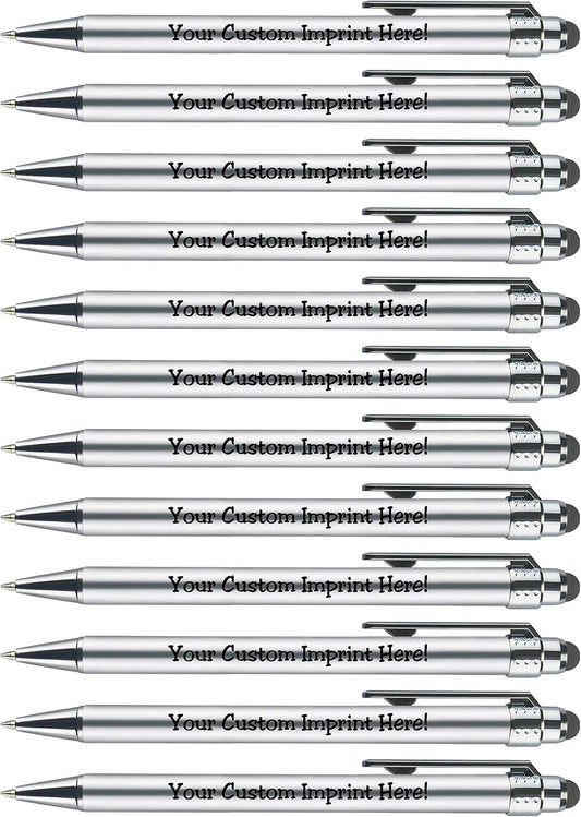 Personalized Pens with Stylus Tip -Bright Vibes- Click action - Custom - Black writing - Printed Name pens - Imprinted with Your Logo or Message - FREE PERSONALIZATION - 12 Pens/Box (Silver)
