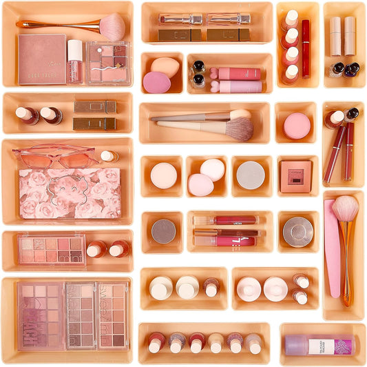 Vtopmart 25 PCS Plastic Drawer Organizers Set, 4-Size Versatile Bathroom and Vanity Drawer Organizer Trays, Storage Bins for Makeup, Bedroom, Kitchen Gadgets Utensils and Office