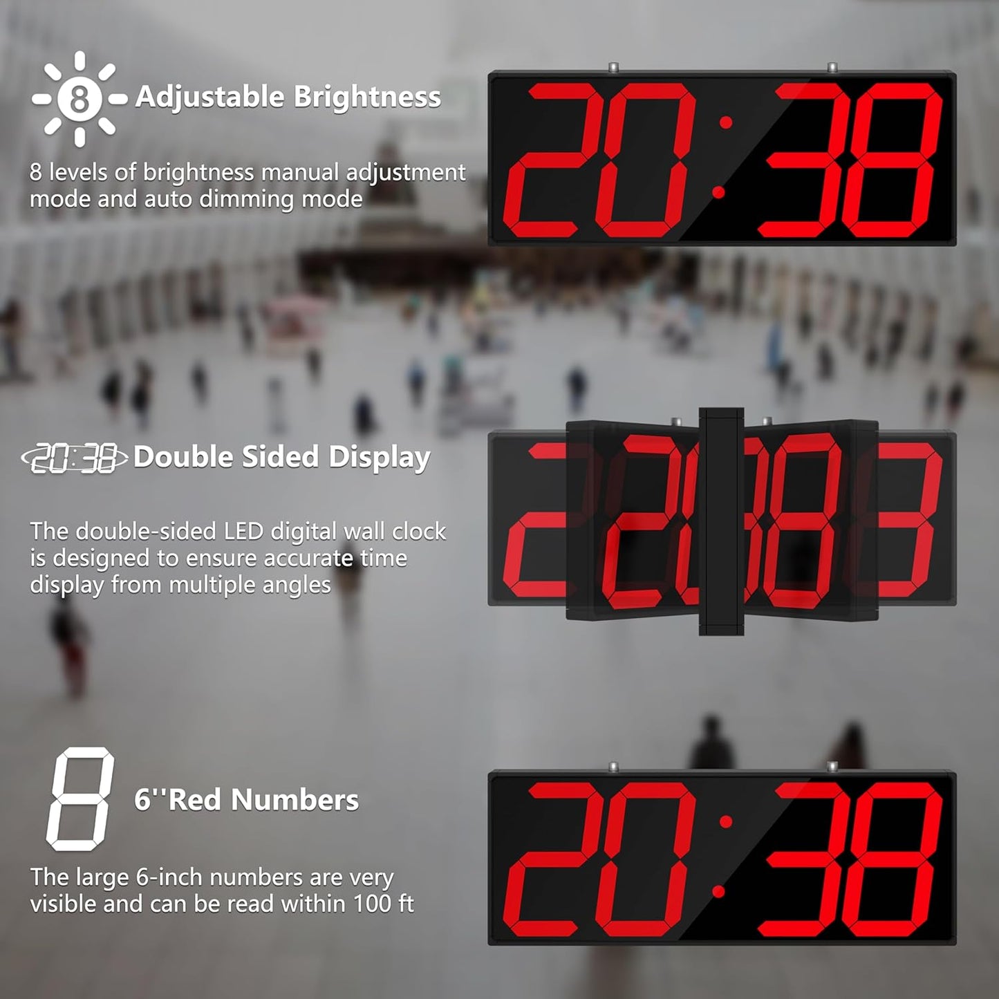 Digital Wall Clock with Double Sided Display, Large LED Clock with Timer,Alarm,Temperature and Date,Two Faced Hanging Digital Clock Large Display for Multiple Public Places(Red)