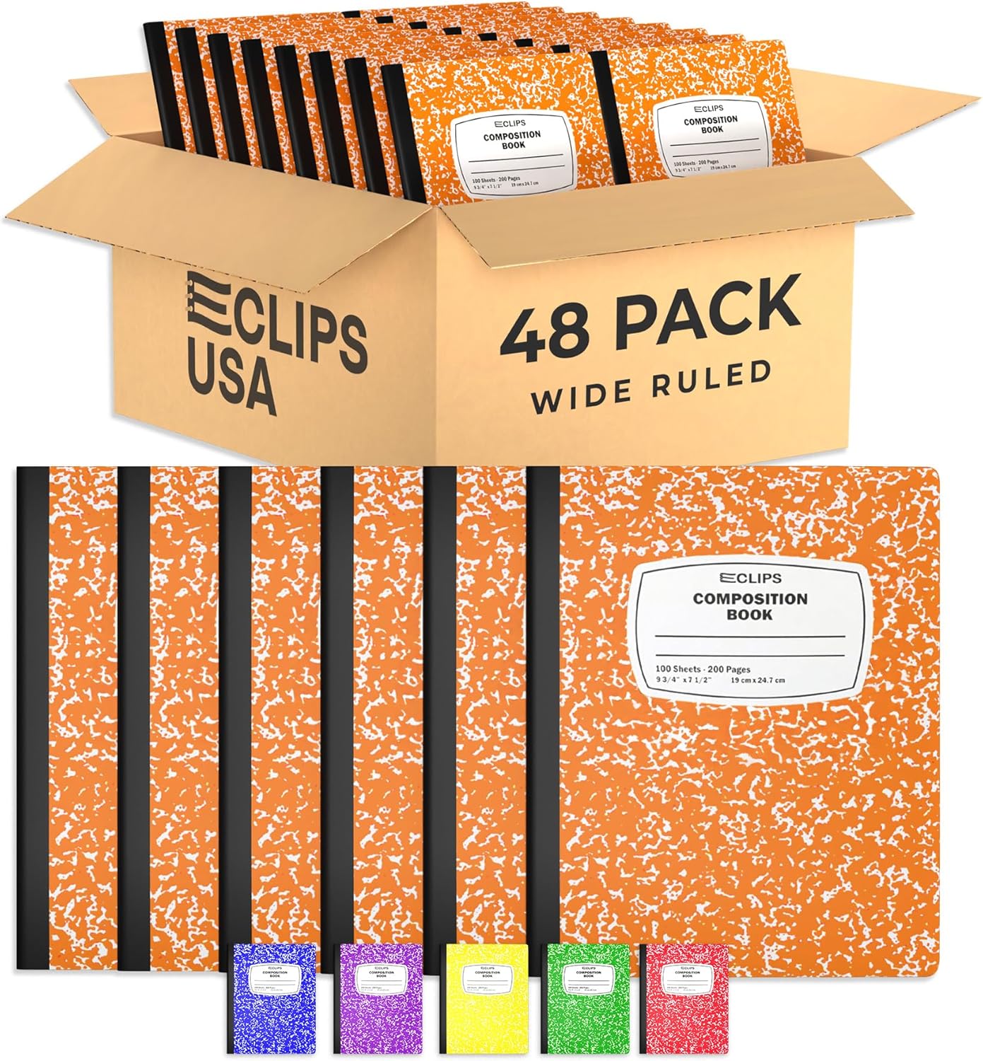 E-CLIPS USA Composition Notebooks, (48 Pack), Wide Ruled Composition Notebook, Marble Composition Notebook, 100 sheets, 200 Pages (48, Orange)