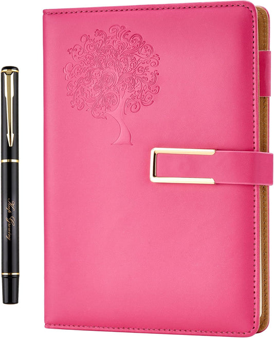 Fanery Sue Tree of Life Refillable Writing Journal for Women&Men Faux Leather Hardcover Notebook A5 College Ruled 200 Lined Pages Lay-Flat Personal Diary with Pen&Magnetic Buckle （Hot Pink