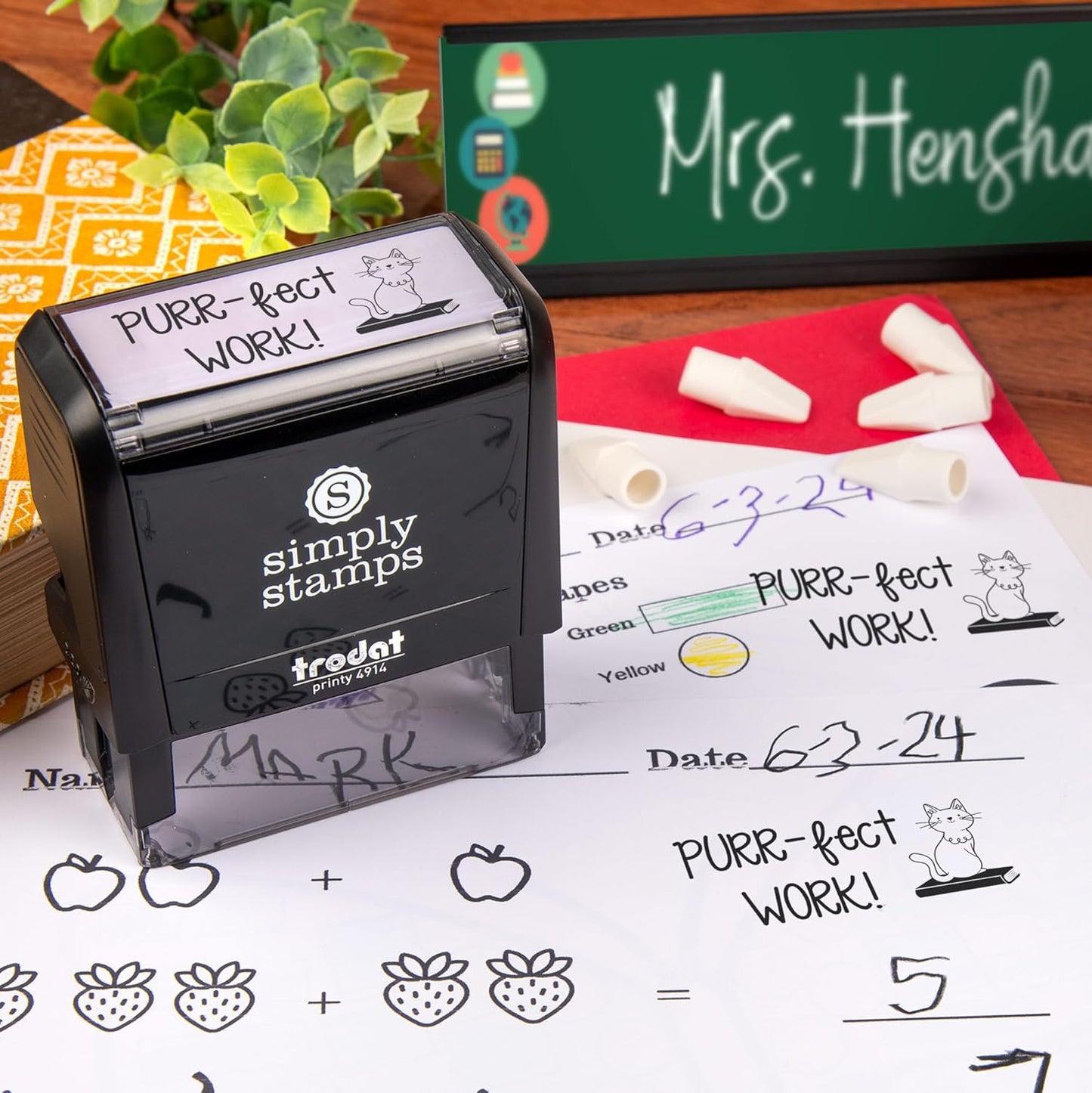 Custom Self-Inking Purr-FECT Work! Stamps | 49 Designs | Fun Phrases | Large Classroom, Teacher and Library Book Stamps