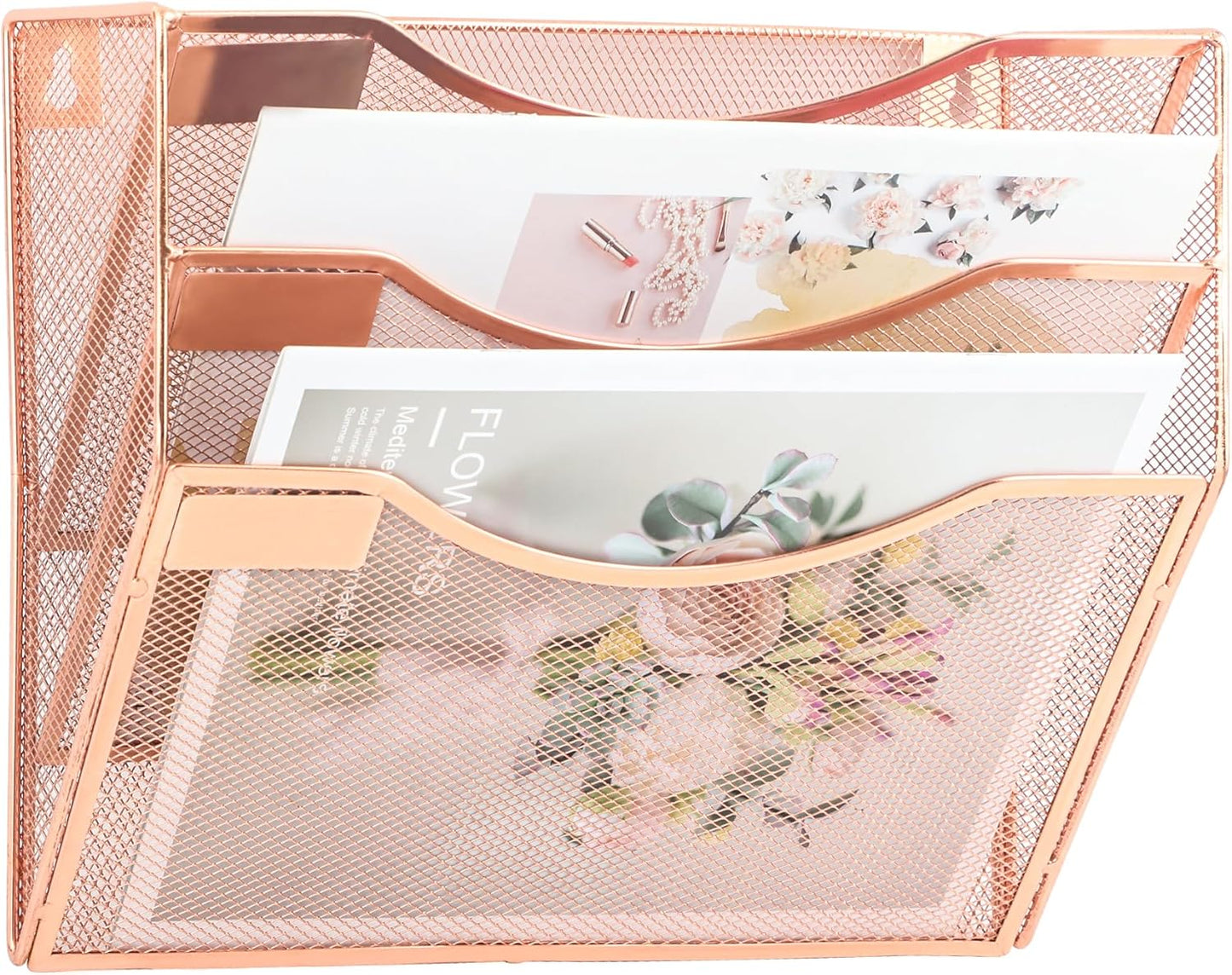 EASEPRES 3 Pocket Mesh Hanging Wall File Organizer, Wall Mounted Mail Paper Document Folder Holder, Clipboard Storage Organization Magazine Rack with Nametag Label for Office Home School, Rose Gold