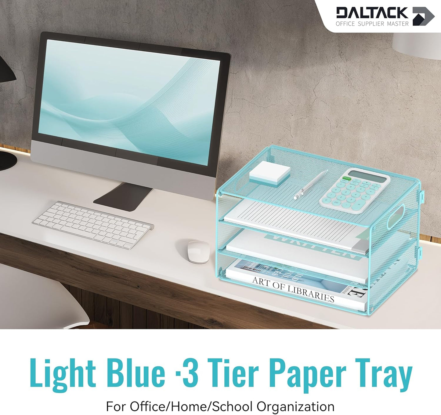 DALTACK 3 Tier Letter Tray Paper Organizer with Handle, Mesh Desk File Organizer, Paper Tray Desk Organizer for School Office Home, Metal Mesh, Light Blue