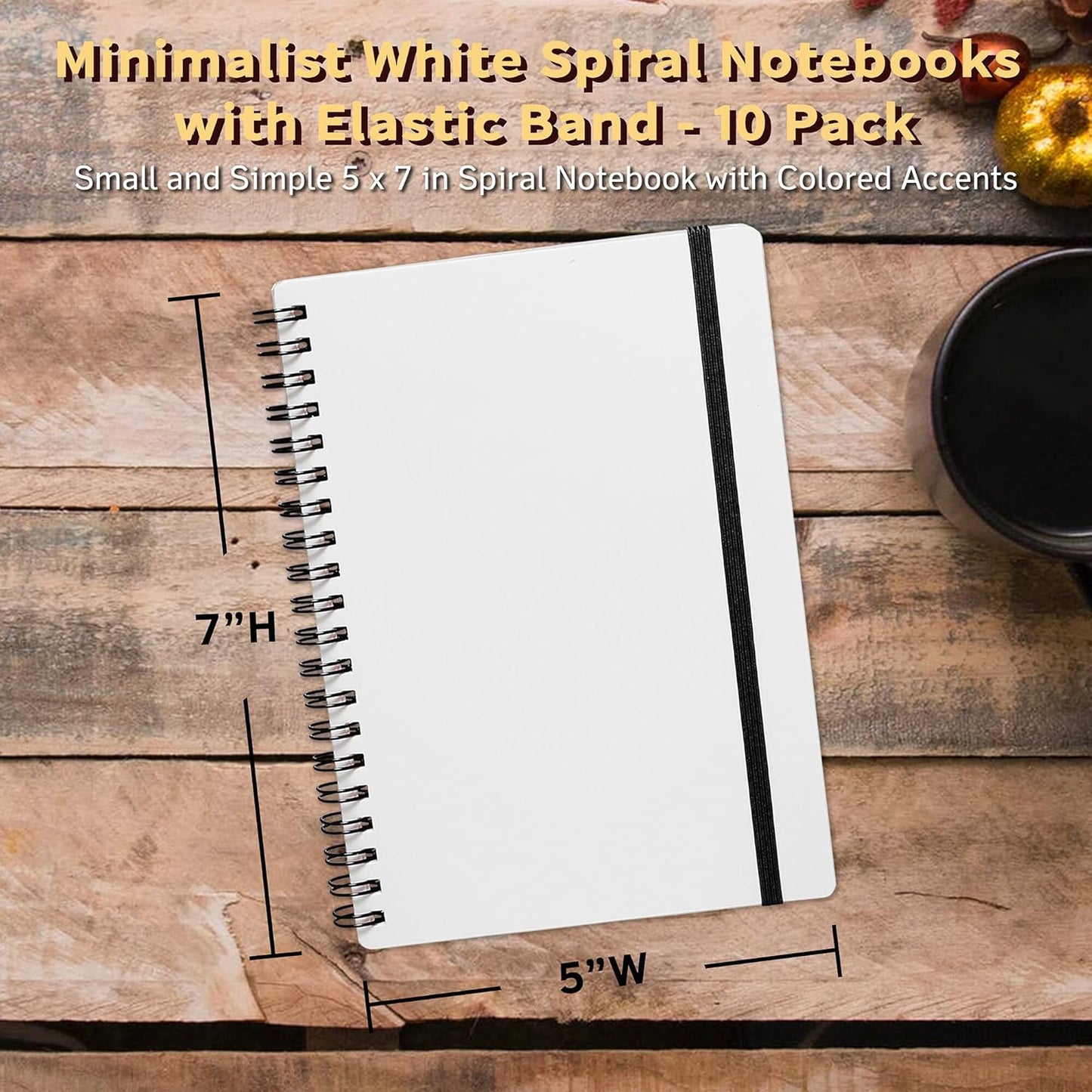 10 White Spiral Notebooks with Elastic Band Pack - 80 lined pages, Recycled - Black